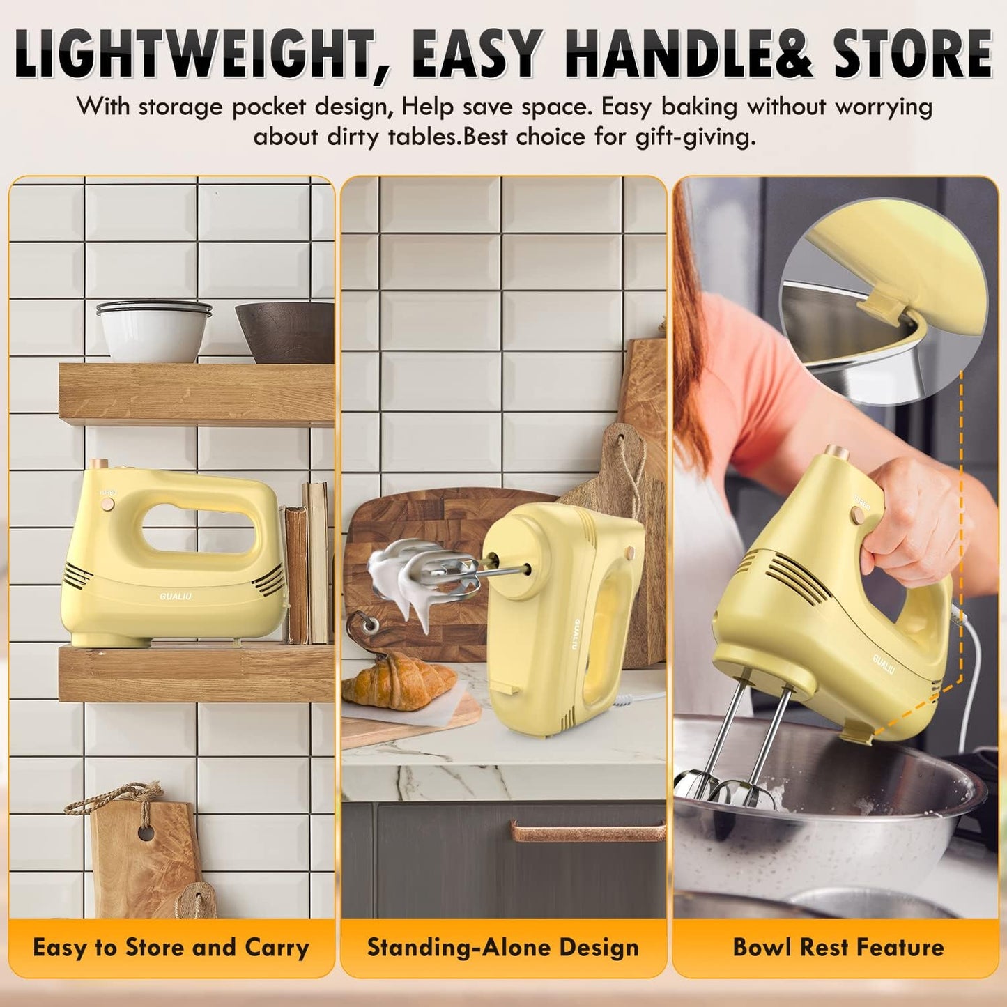 Electric Hand Mixer with Stainless Steel Whisk, Dough Hook Attachment and Storage Bag, Handheld Mixer for Baking Cakes, Eggs, Cream Food Mixers. Turbo Boost /5 Speed Kitchen Blender YELLOW