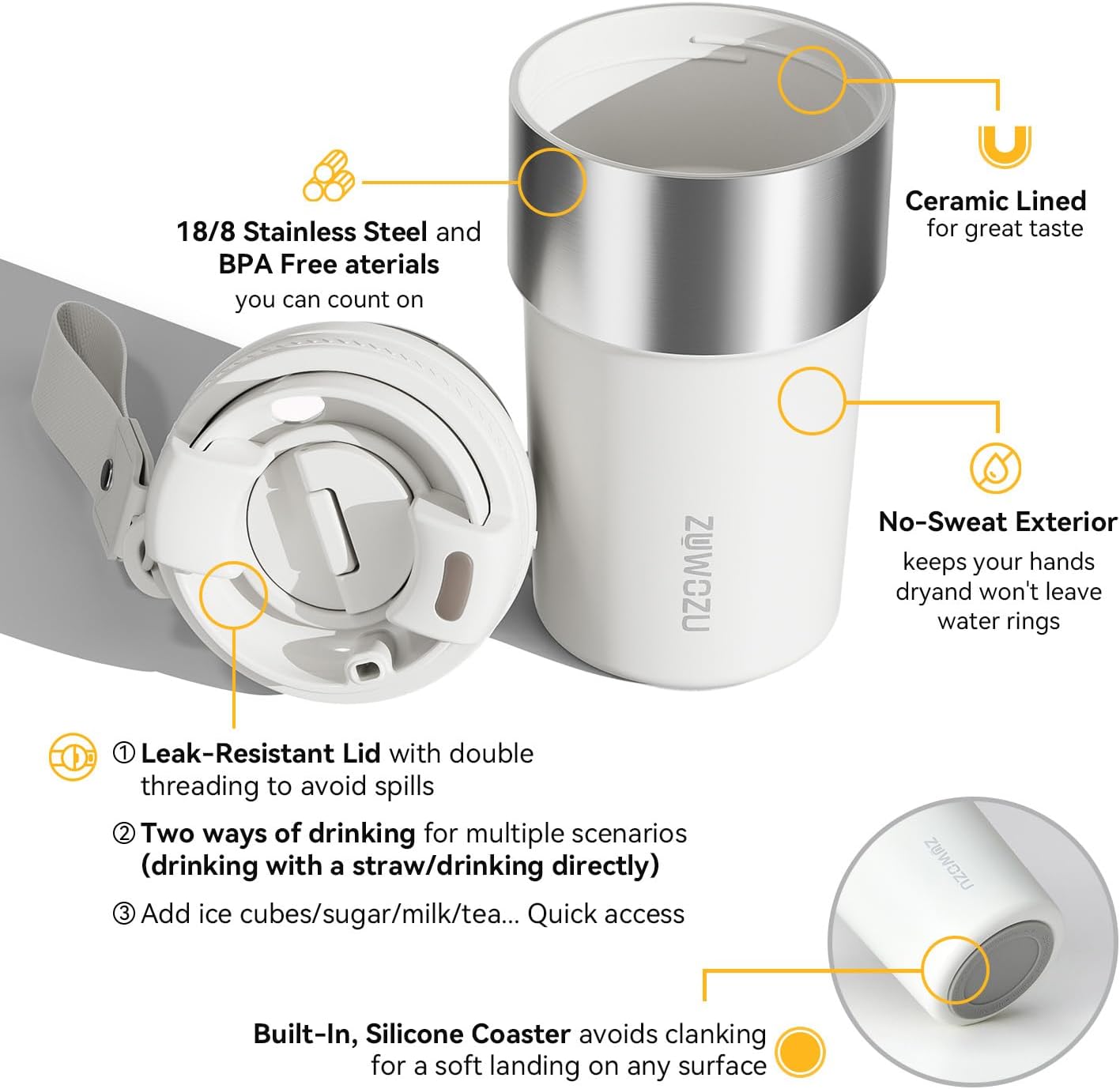 Insulated Travel Coffee Tumbler Mug - Ceramic Inner Wall Reusable Iced Coffee Cups Bottle with Lids, Stainless Steel Insulated Cold Brew Water Tumbler with Straw, BPA Free 16 Oz Water Bottle