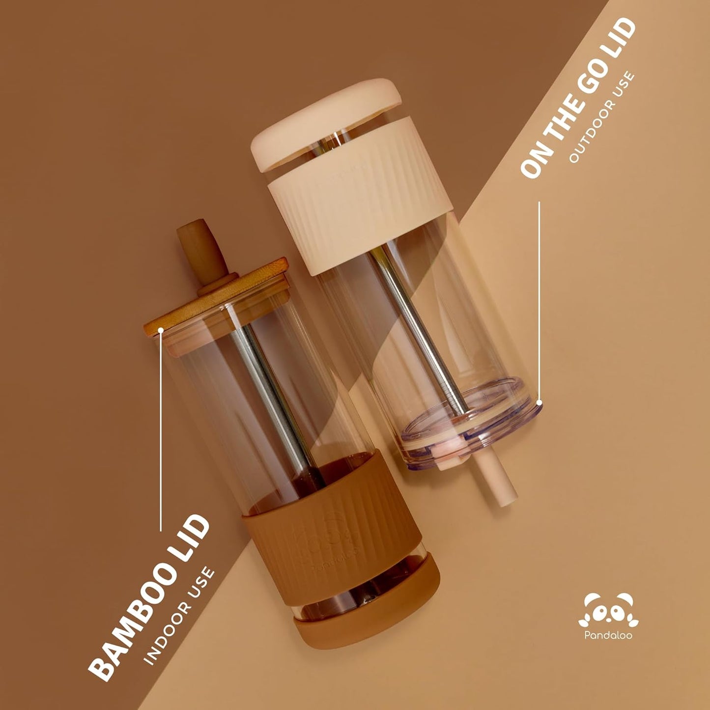 Pandaloo® Glass Cups With Lids and Straws -20 Fl Oz- Perfect Size Iced Coffee Cup - Smoothie Cup With Bamboo Lid and On the go Lid - Glass Tumbler With Straw (1 Count (Pack of 1), Vanilla Cream)