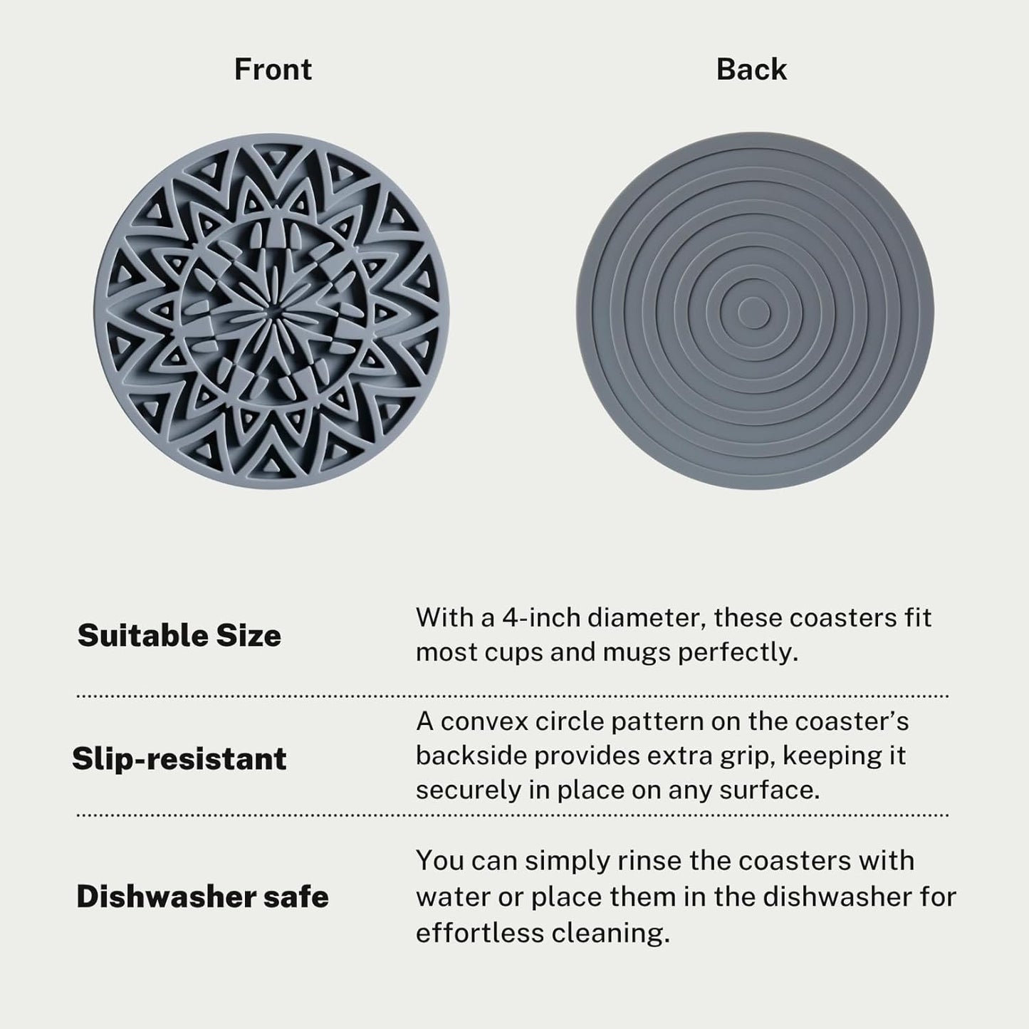 Set of 6 Dark Gray Silicone Coasters with Holder, Drink Coasters with Tribal Pattern Shape- for Table Protection, Anti Slip, Nonstick, Heat Resistant, Deep Tray