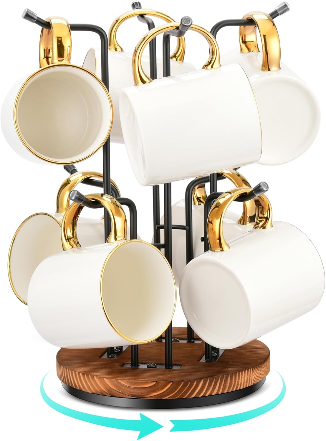 HULISEN 360° Rotating Mug Tree for Large Cups, Counter Coffee Mug Holder with 8 Hooks, Metal Coffee Cup Rack Stand for Countertop with Stable Wooden Base, Kitchen Counter Decor