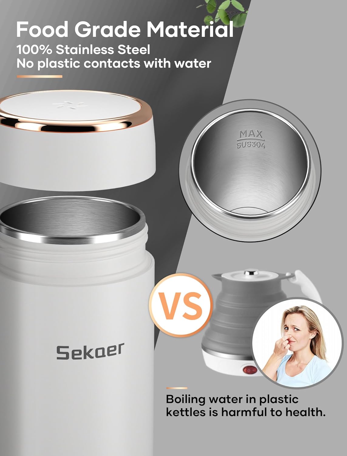 Sekaer Mini Travel Portable Electric Kettle, Small Tea Kettle Hot Water Boiler, 330mL & 304 Stainless Steel, with 4 Variable Presets and Auto Shut-Off, SEK-833