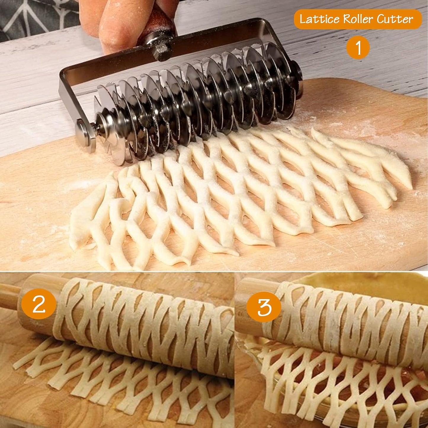 Stainless Steel Lattice Dough Cutter with Wood Handle, Pie & Pizza Pastry Roller maker, Bread Biscuit Maker