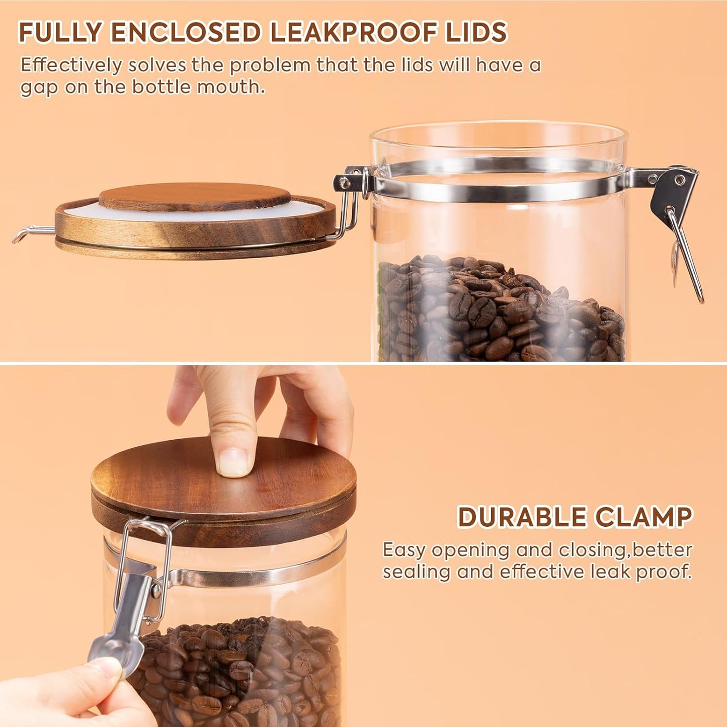 Yangbaga Glass Sugar Coffee Canister with Shelf, 3 x 45OZ Coffee Bean Containers Storage Station Organizer with Airtight Locking Clamp and Log Coffee Scoop, Food Storage Canisters Sets for Kitchen