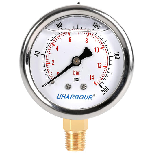 Glycerin Filled Pressure Gauge 200psi/14bar, Stainless Steel case, Brass Inside Construction, 2-1/2" dial, 1/4" NPT Rear Connection.