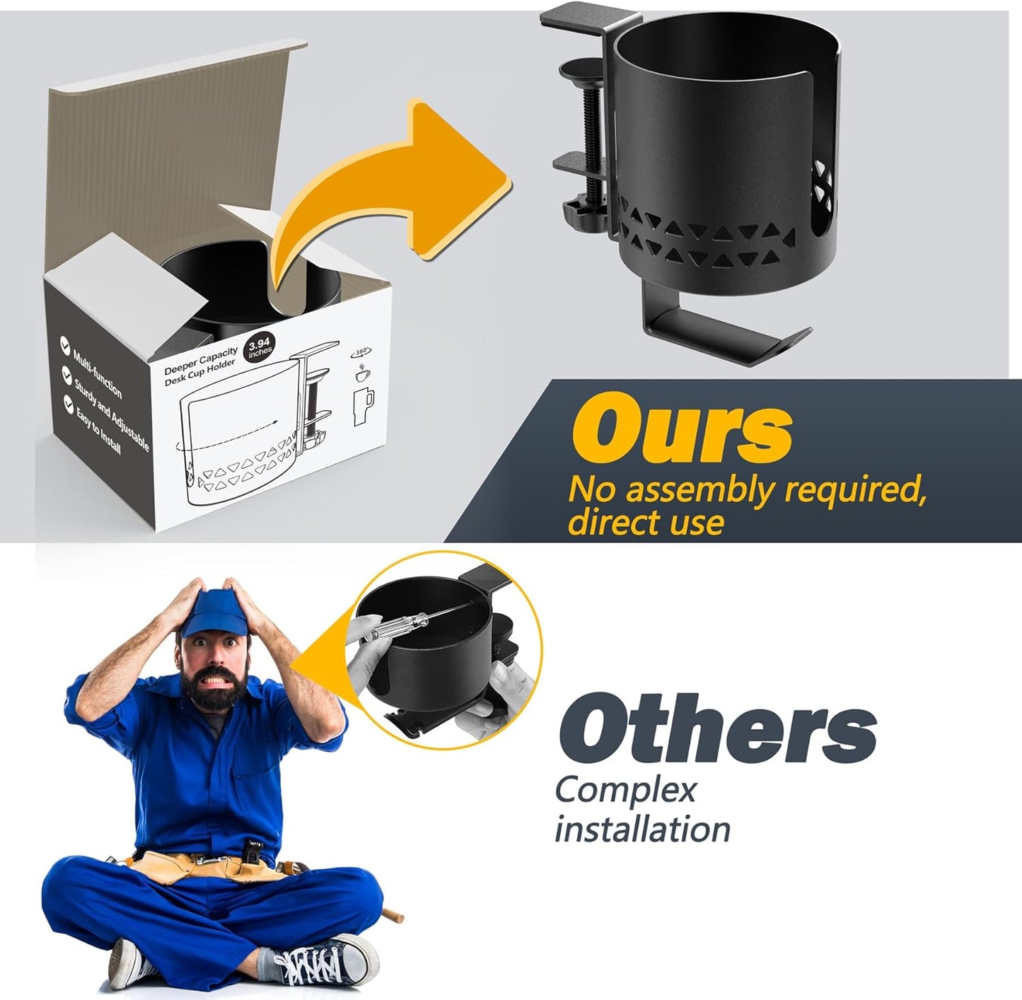 Desk Cup Holder Metal & Headphone Hanger 360° Rotating PC Gaming Desk Accessories Anti-Spill Table Cup Holder Clamp on Chair for Coffee Mugs Stanley YETI Bottles Pencil Holder