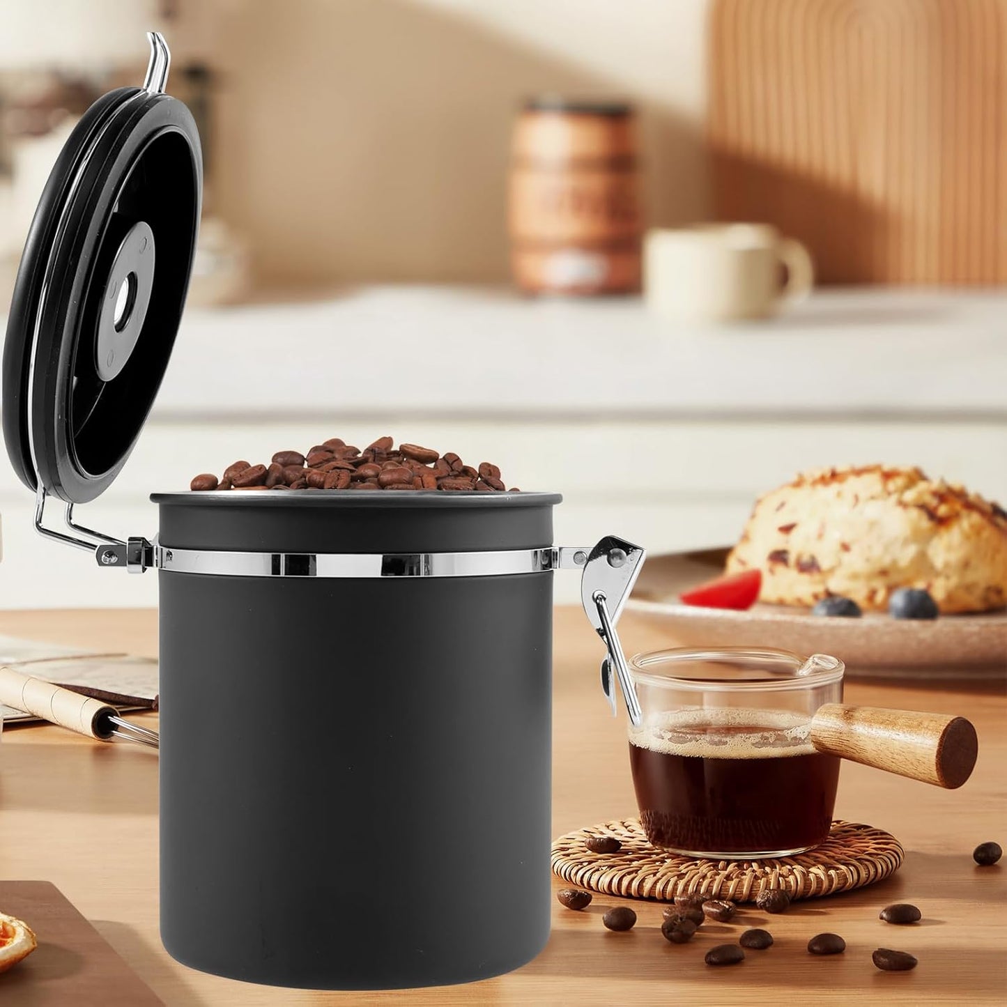 2Pcs Coffee Storage Canister 1.5L Double Airtight Coffee Beans Container with Date Locator 304 Stainless Steel Kitchen Food Storage Container with Spoon for Tea Sugar,Black (2)