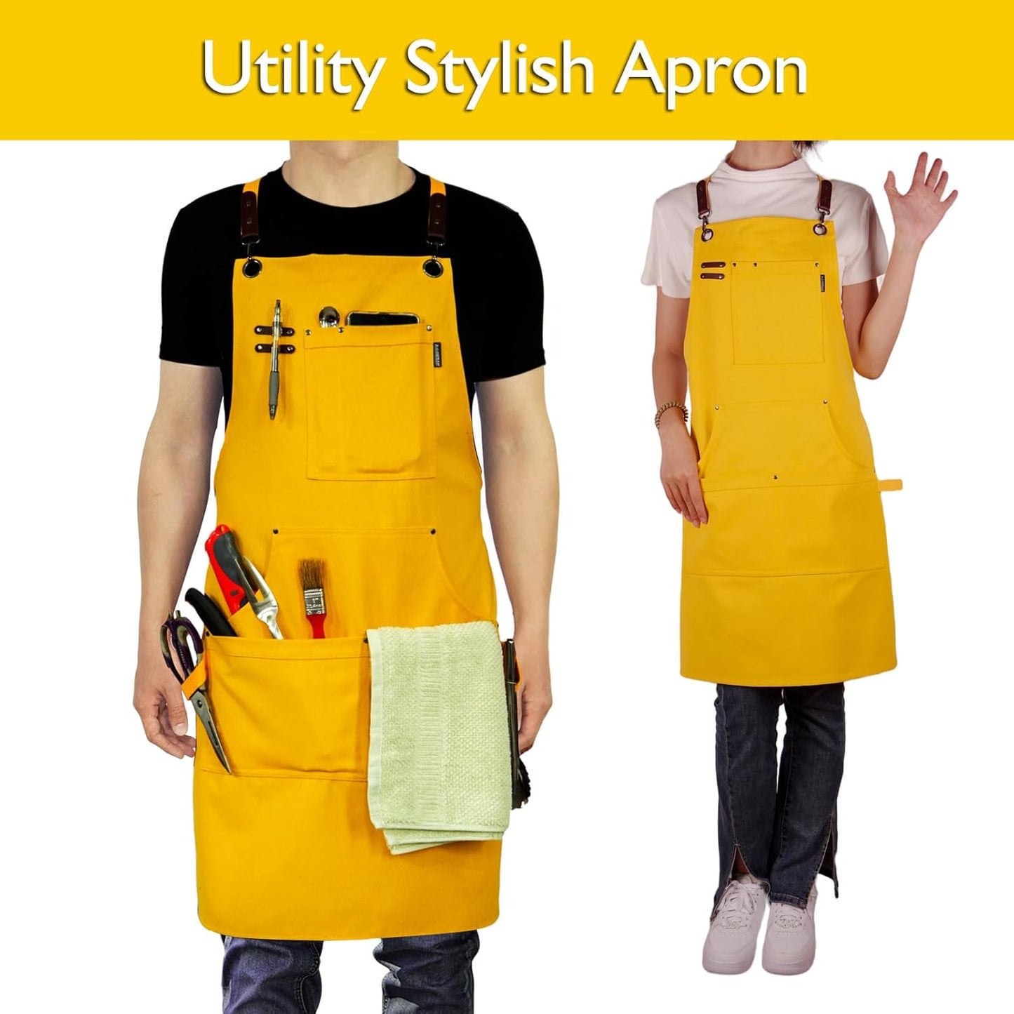 5 Pack Kitchen Apron, Work Apron, Canvas, Multiple Pockets, Gardening, Painting, BBQ, Artist, Carpenter, Sizes M to XXL, Yellow