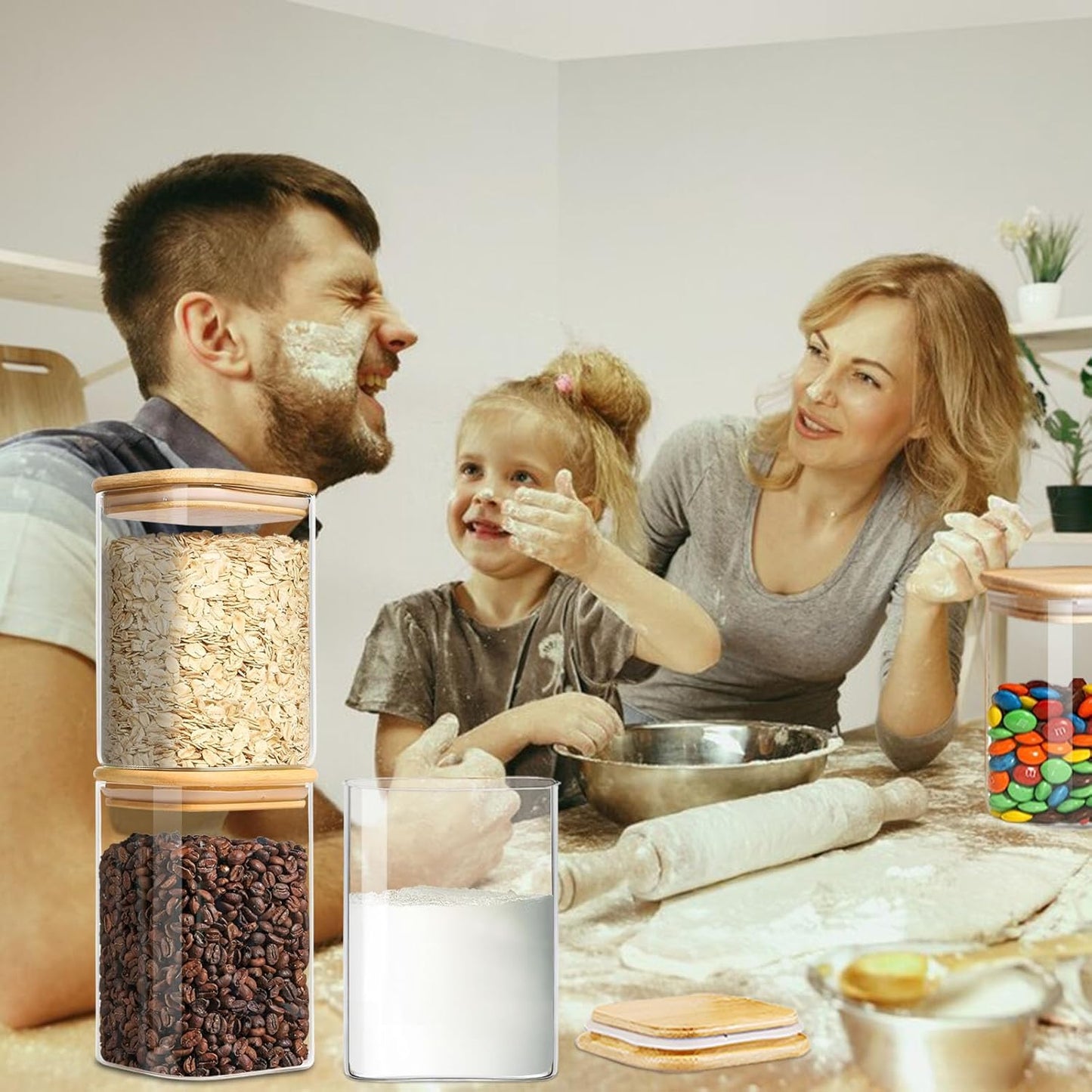 37oz Square Glass Storage Containers with Lids, glass jar with airtight lid, Glass Canister for Pantry Cookie Flour Cereal Rice Sugar Tea Coffee Beans Spice, Square Set of 4