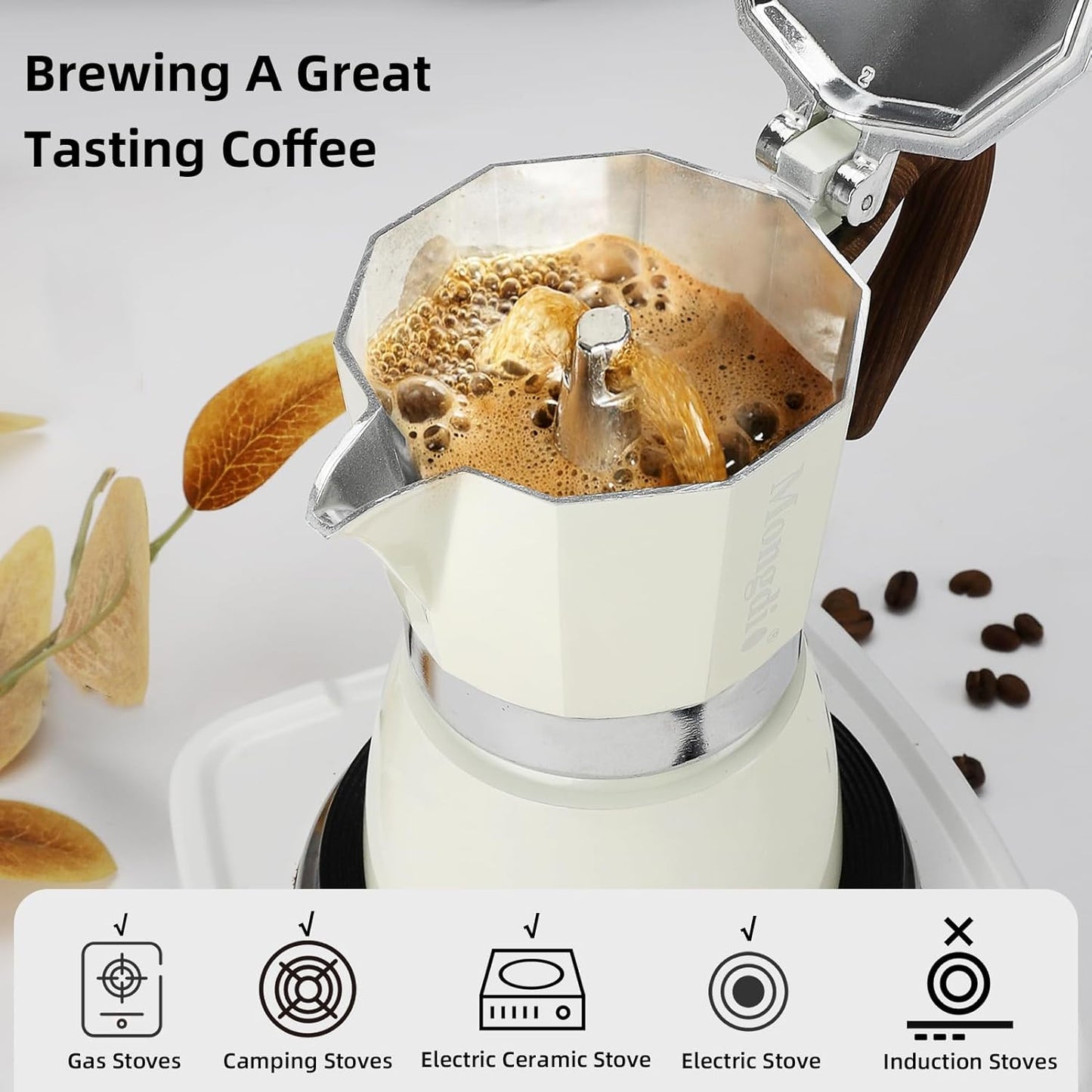 Mongdio Stovetop Espresso Maker Moka Pot, Cuban Coffee Maker Stove top coffee maker Moka Italian Espresso Greca Coffee Maker Brewer Percolator, 6 Espresso Cups, 10 oz - White