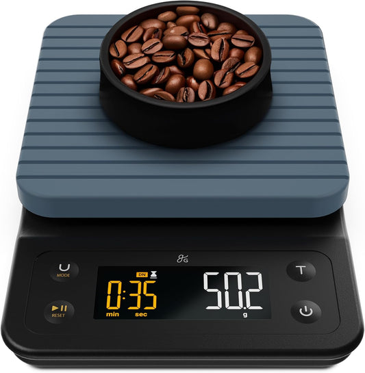 Greater Goods 0.1g Precision Coffee Scale with Timer – 3kg Digital Scale for Pour-Over, Espresso, French Press, Kitchen Use (Stone Blue)