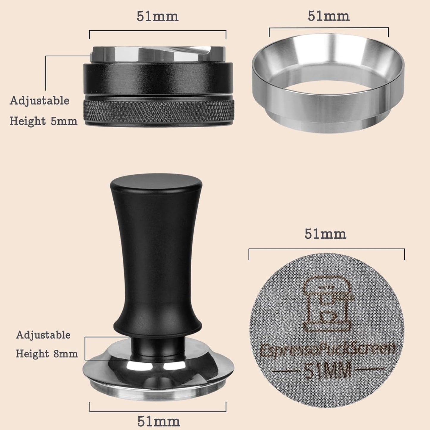 51mm Espresso Tamper Set - Spring-loaded Coffee Tamper, Adjustable Depth Espresso Distributor Leveler, Magnetic Dosing Funnel Aluminum Metal, Reusable Puck Screen, Fit for 51mm Portafilters