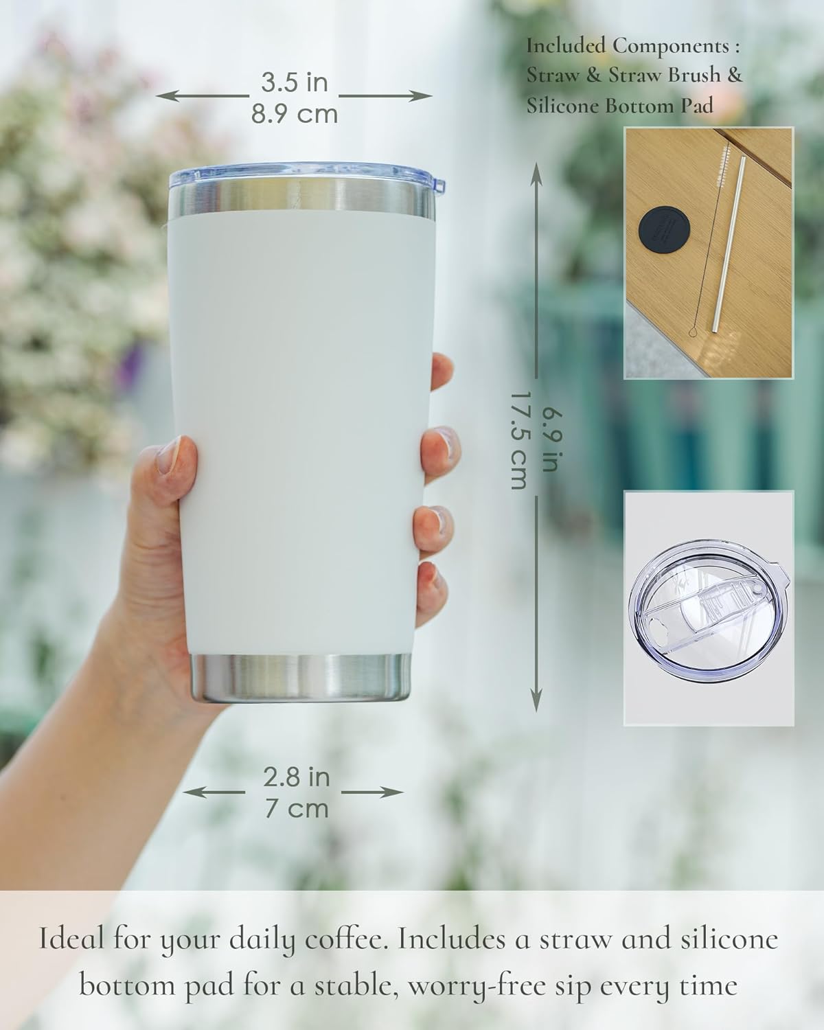 Travel Coffee Tumbler 20oz, 4 Pack Leakproof Travel Coffee Mug with Lid and Straw, Stainless Steel Double Wall Vacuum Insulated Tumbler for Hot/Iced Drinks (Textured Matte, White)