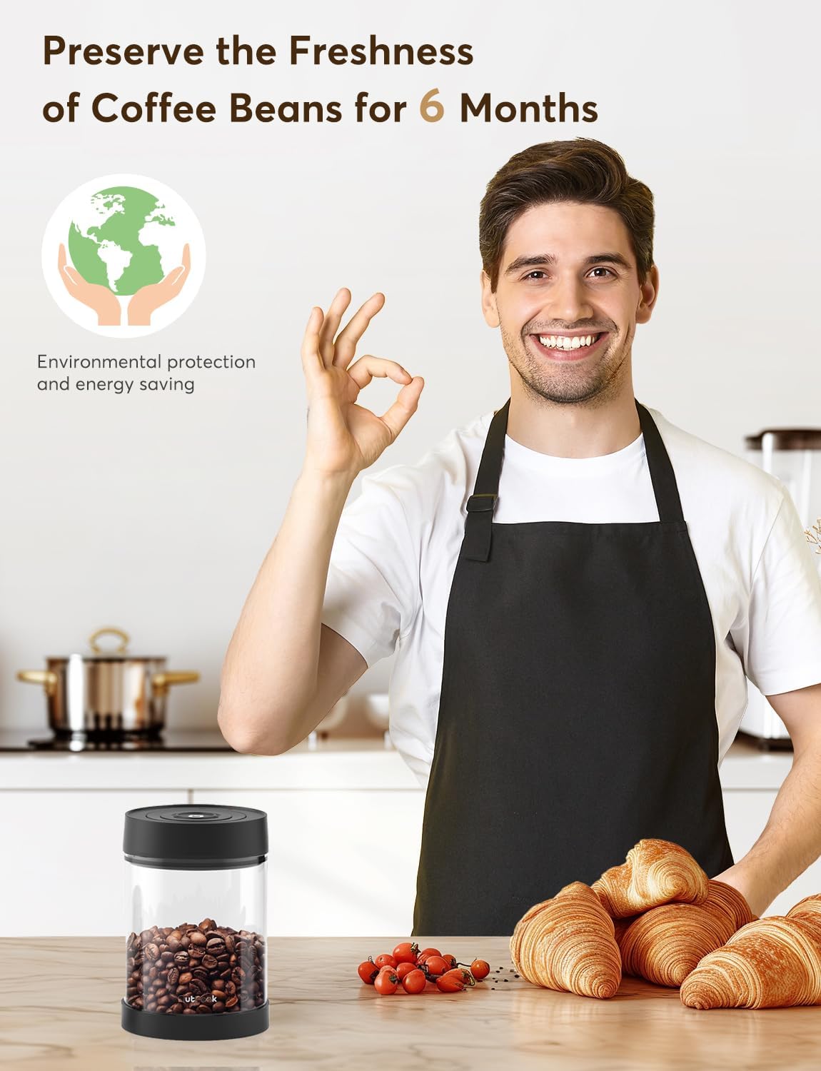 OUTPEAK Neo 2025 Auto Vacuum Coffee Canister, 0.75L for 8.8oz Coffee Beans, One-Button Operation, Small Airtight Coffee Canister with Scoop, Coffee Storage Container Clear Glass (Champion's Choice)