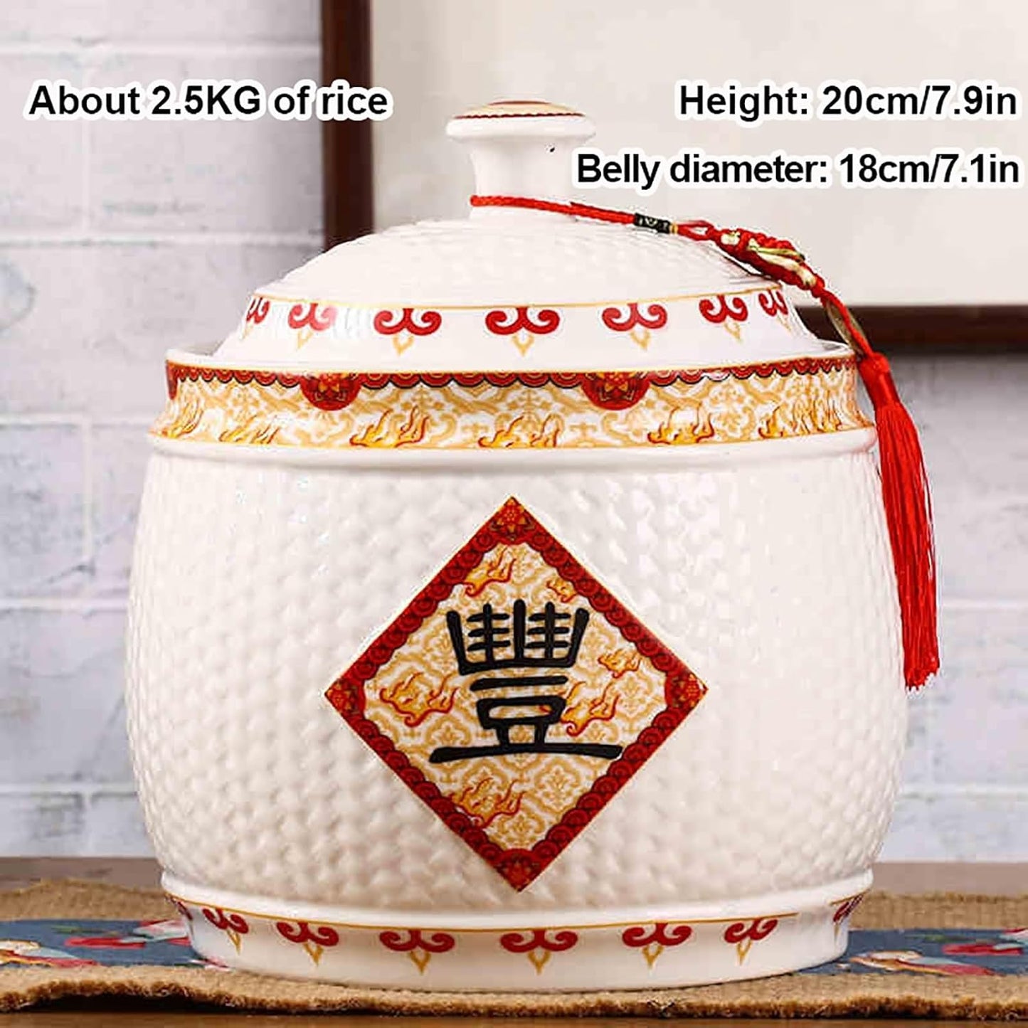 Traditional Chinese Style Large-Capacity Rice Pot, Ceramic Rice Bucket With Tassel Design, Airtight Storage Container For Rice, Grain, Snacks, Dry Foods