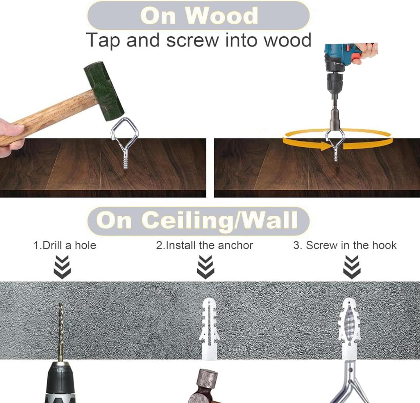 20PCS Eye Screw Hooks for Hanging Heavy Duty with Safety Buckle.Metal Ceiling Hooks for Hanging Plants,Cup,Wind Chime,Bird Feeders,String Lights at Indoor&Outdoor,2.36 Inch(No Drill Bit)