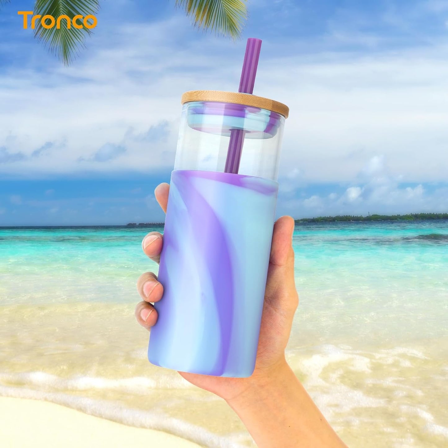 Tronco 20 oz Glass Tumbler with Straw and Lid- Glass Cup with Lid and Straw, Iced Coffee Cup Reusable, Smoothie Cups, Bamboo Lid and Protective Silicone Sleeve - BPA-Free
