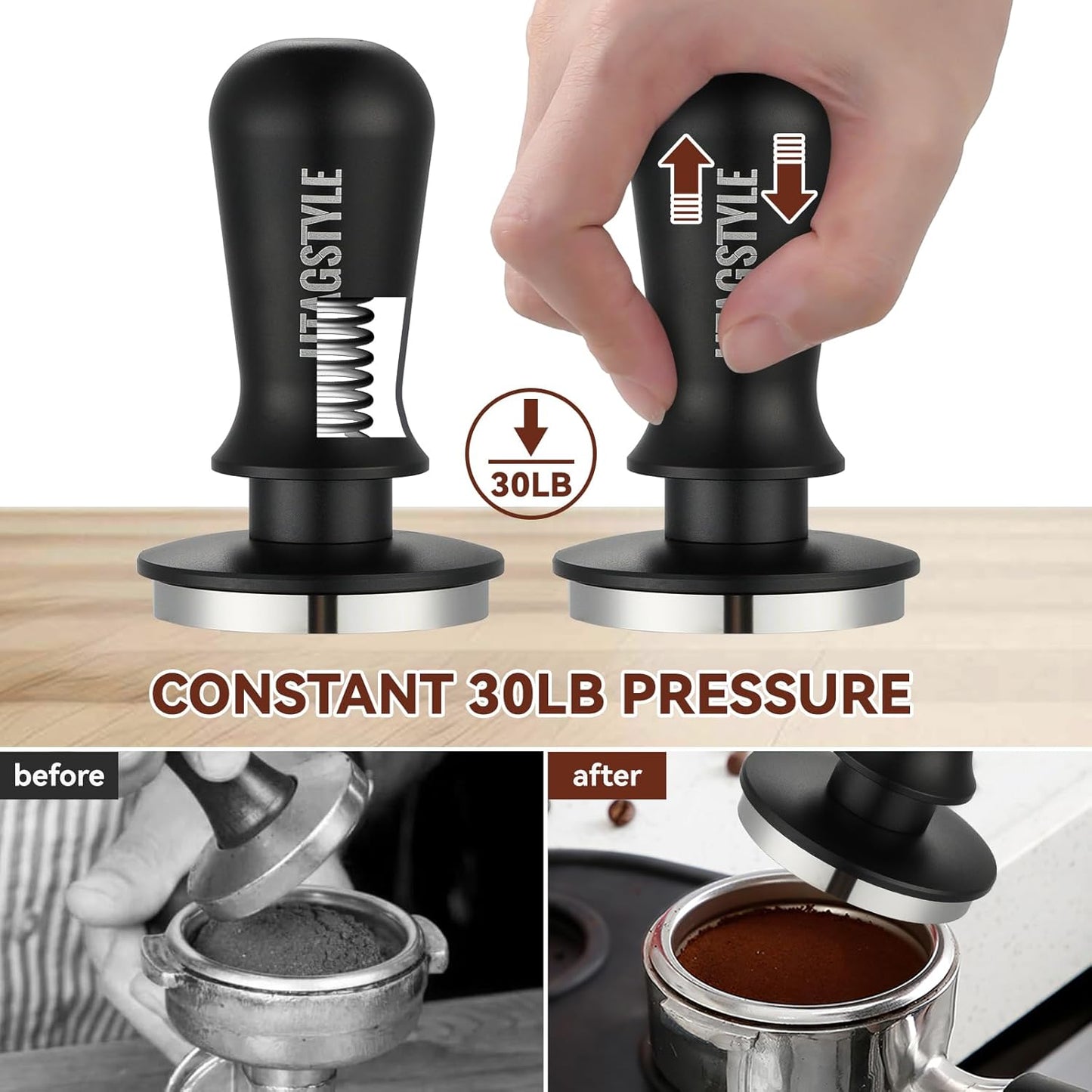 58.5mm Espresso Tamper Coffee Tamper: Espresso Press with Calibrated Spring Loaded - 30lb Espresso Hand Tamper - 100% Stainless Steel Flat Base Fits for 54mm Portafilter Basket