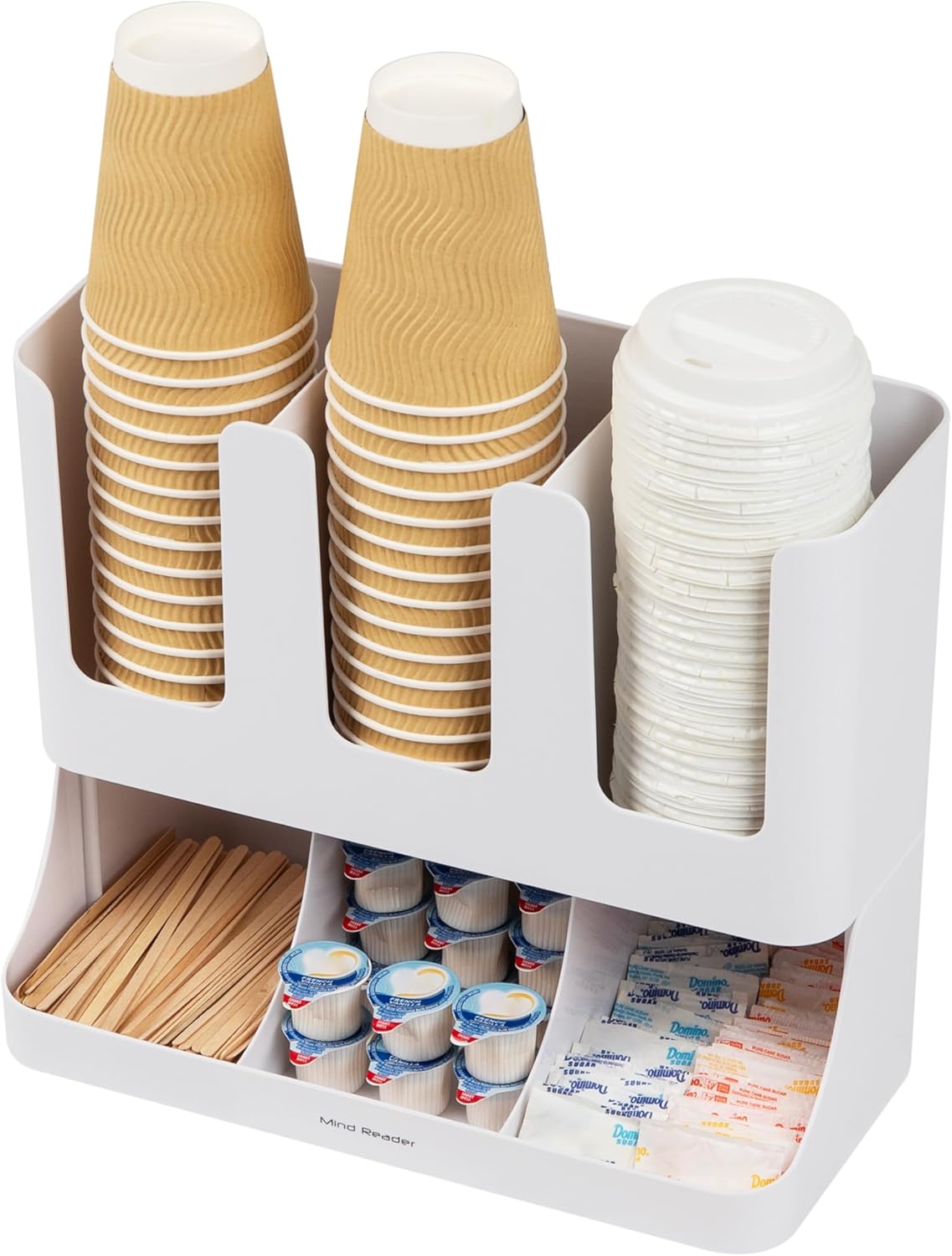 Mind Reader 6 Compartment Upright Breakroom Coffee Condiment and Cup Storage Organizer, White