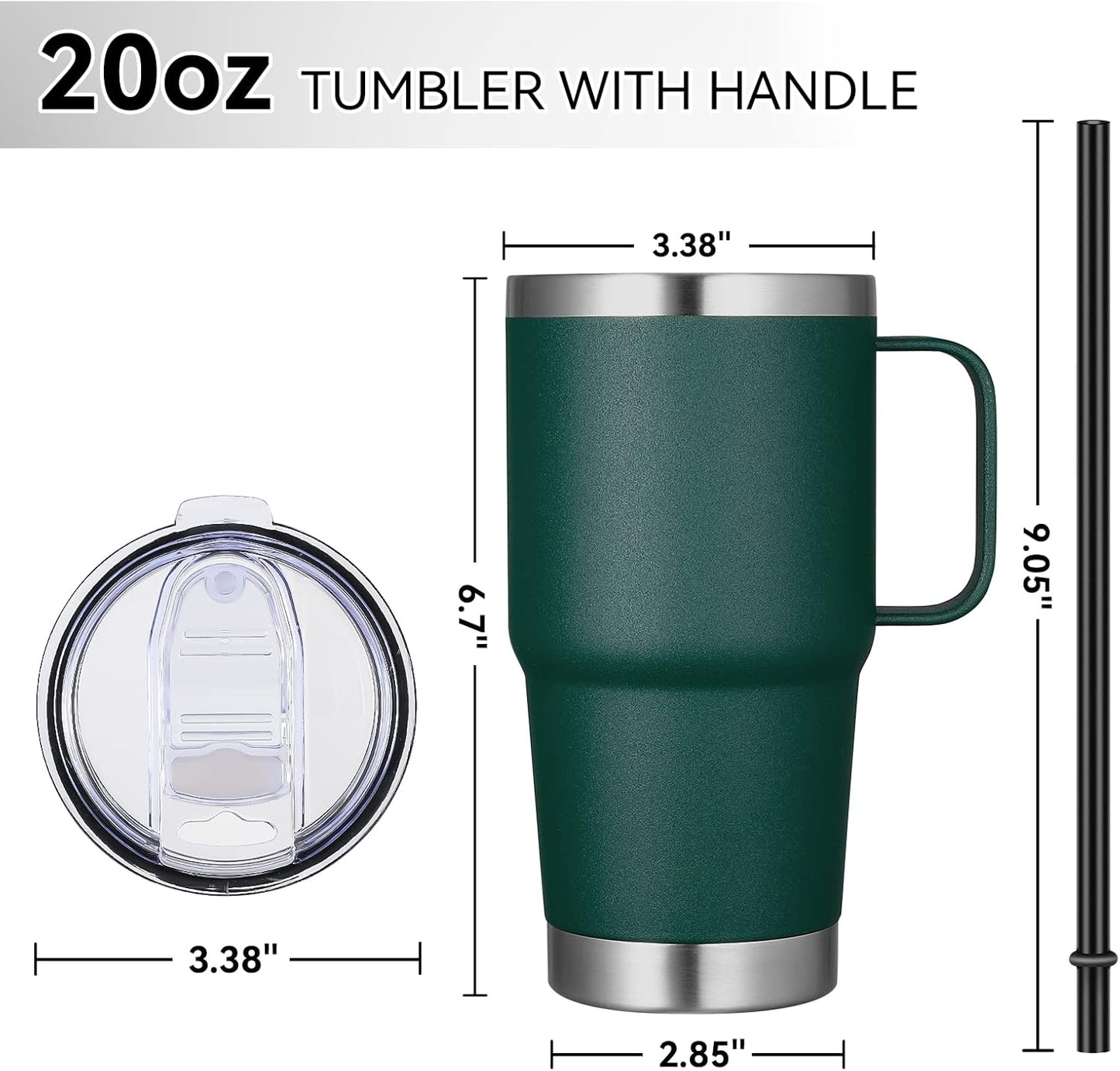 VEGOND 20 oz Tumbler Bulk with Handle Lid and Straw, Stainless Steel Insulated Travel Coffee Mug Set, Spill Proof Double Wall Metal Tumblers Cups, Dark Green 6 Pack