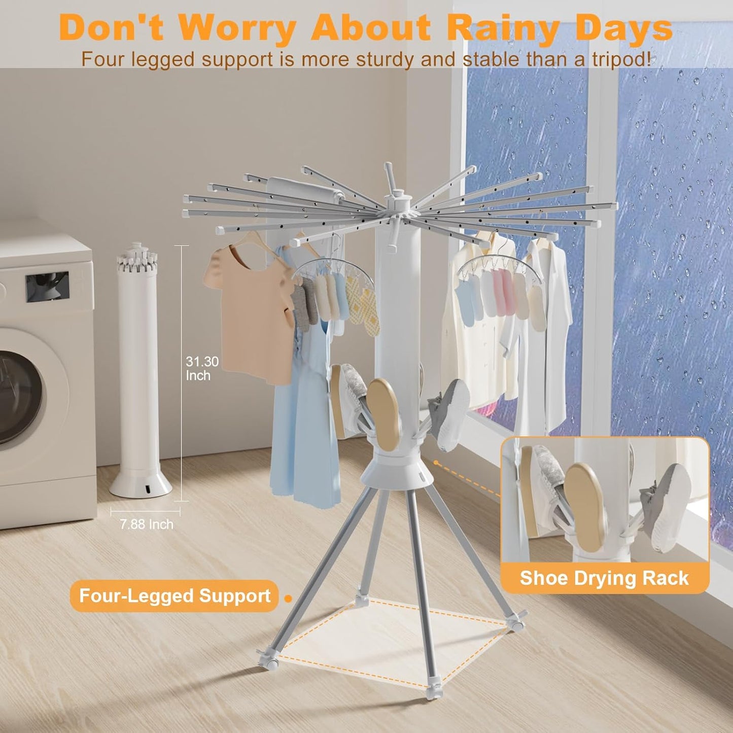 4-Legged Clothes Drying Rack Foldable, Portable Laundry Drying Racks, Outdoor Collapsible Drying Rack Clothing with 4 Pulleys and Anti-Slip Holes, Aluminum Indoor Dry Rack for Clothes, Shoes, Towel