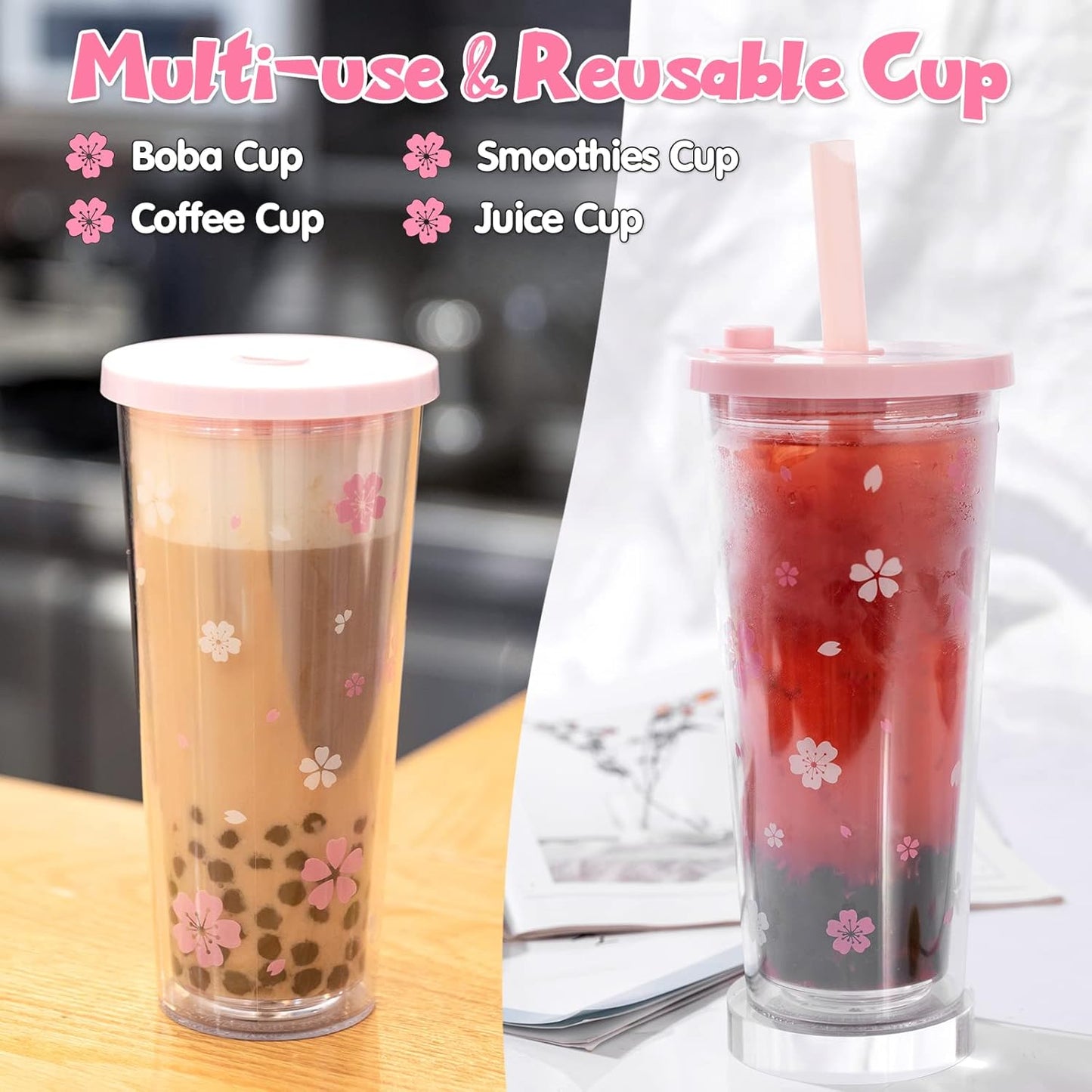 Reusable Plastic Boba Cup With Lids And Straws, 24Oz/700ml Smoothie Cups, Iced Coffee Cup, Leakproof Kawaii Cup, Boba Tumbler With Boba Reusable Straw,Double Wall Clear Bubble Tea Cup