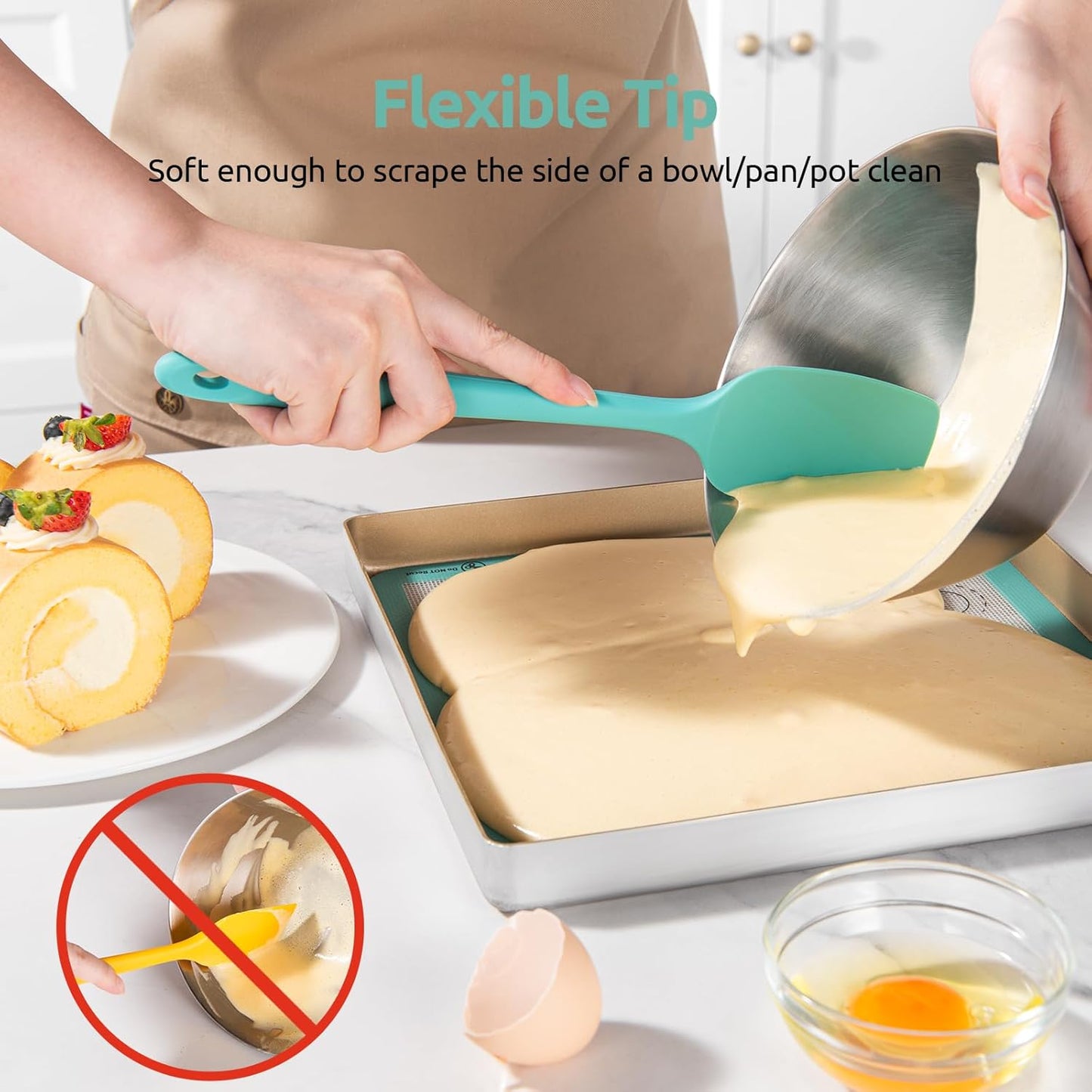 U-Taste Silicone Spatula Set, 600ºF High Heat Resistant, Seamless Food Grade Flexible Rubber Kitchen Cooking Mixing Baking Scraper for Nonstick Cookware Set of 3 (Aqua Sky)