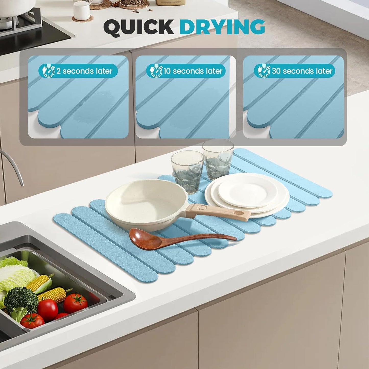 Extral Large Quick Dry Stone Drying Mat for Kitchen Counter,28"(L)x16"(W) Collapsible Eco-Friendly Absorbent Diatomaceous Earth Mat for Dishes Cups,Dish Drying Mats (Blue-Ellipse, 28x16 inch)