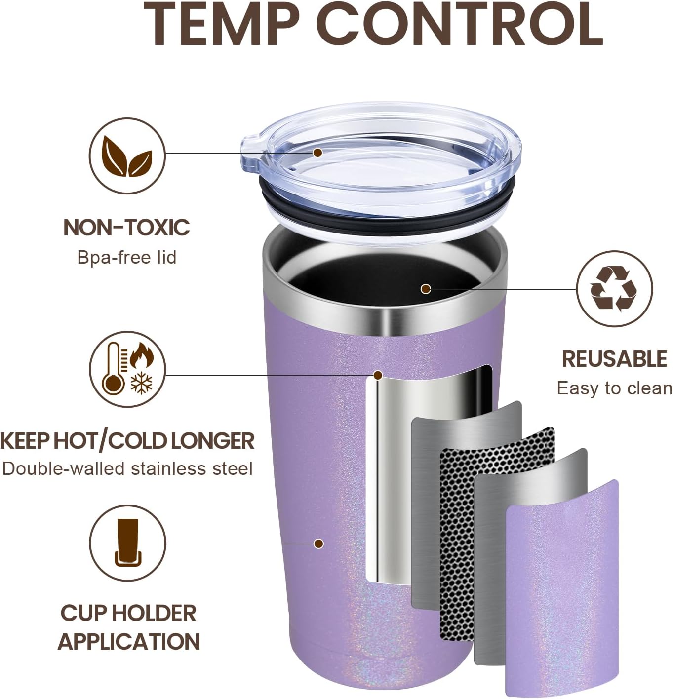 MEWAY 20oz Tumbler 12 Pack Double Wall Vacuum Insulated Travel Glitter Mug Bulk, Stainless Steel Tumblers with Lid and Straw, Powder Coated Coffee Cups for Woman(Rainbow Purple,Set of 12)