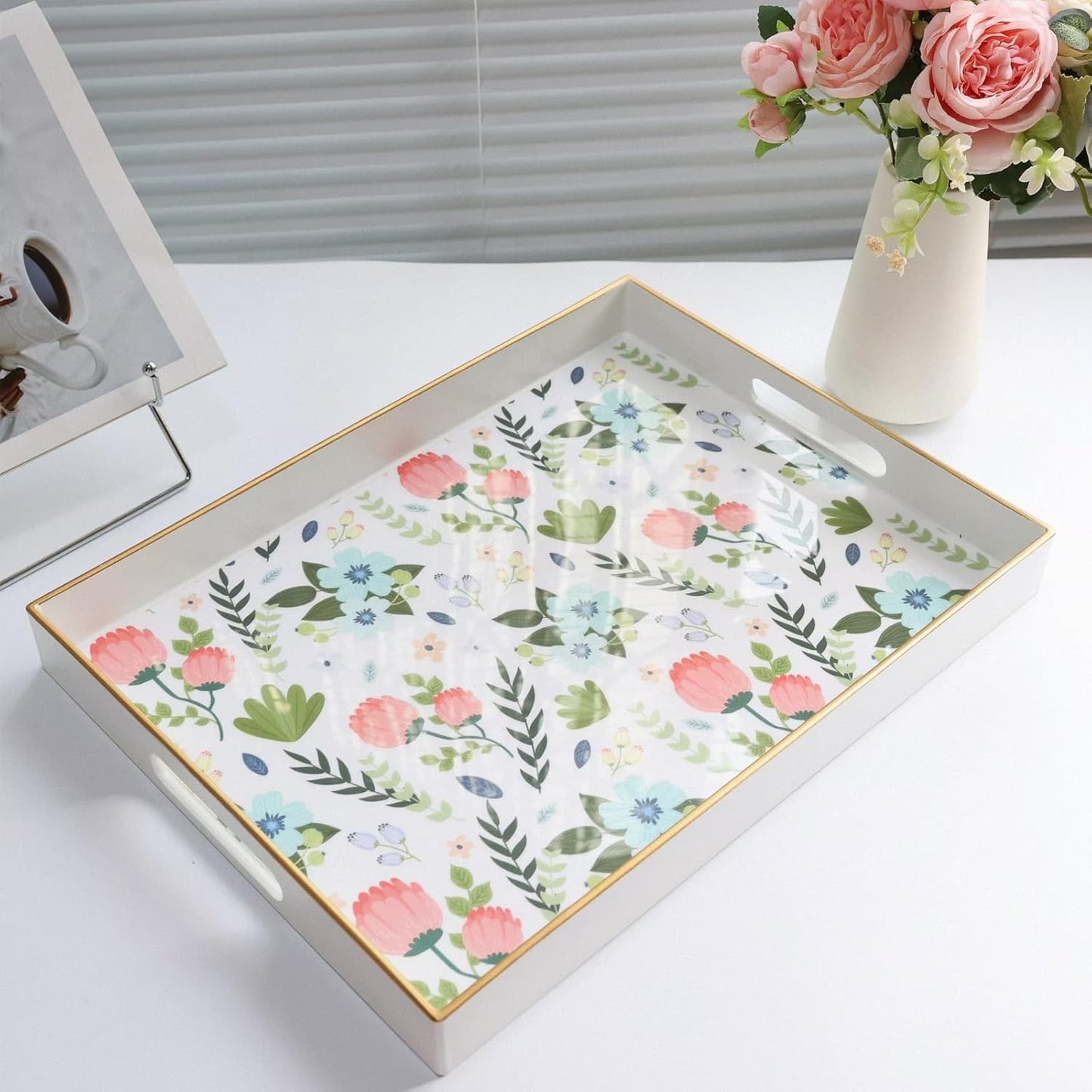 Rectangle Serving Tray with Handles, Coffee Table Tray for Ottoman, Organizer Vanity Tray for Living Room, Outdoor Tray for Patio Entertaining, Serving Breakfast Kitchen Platter LEE3040WH