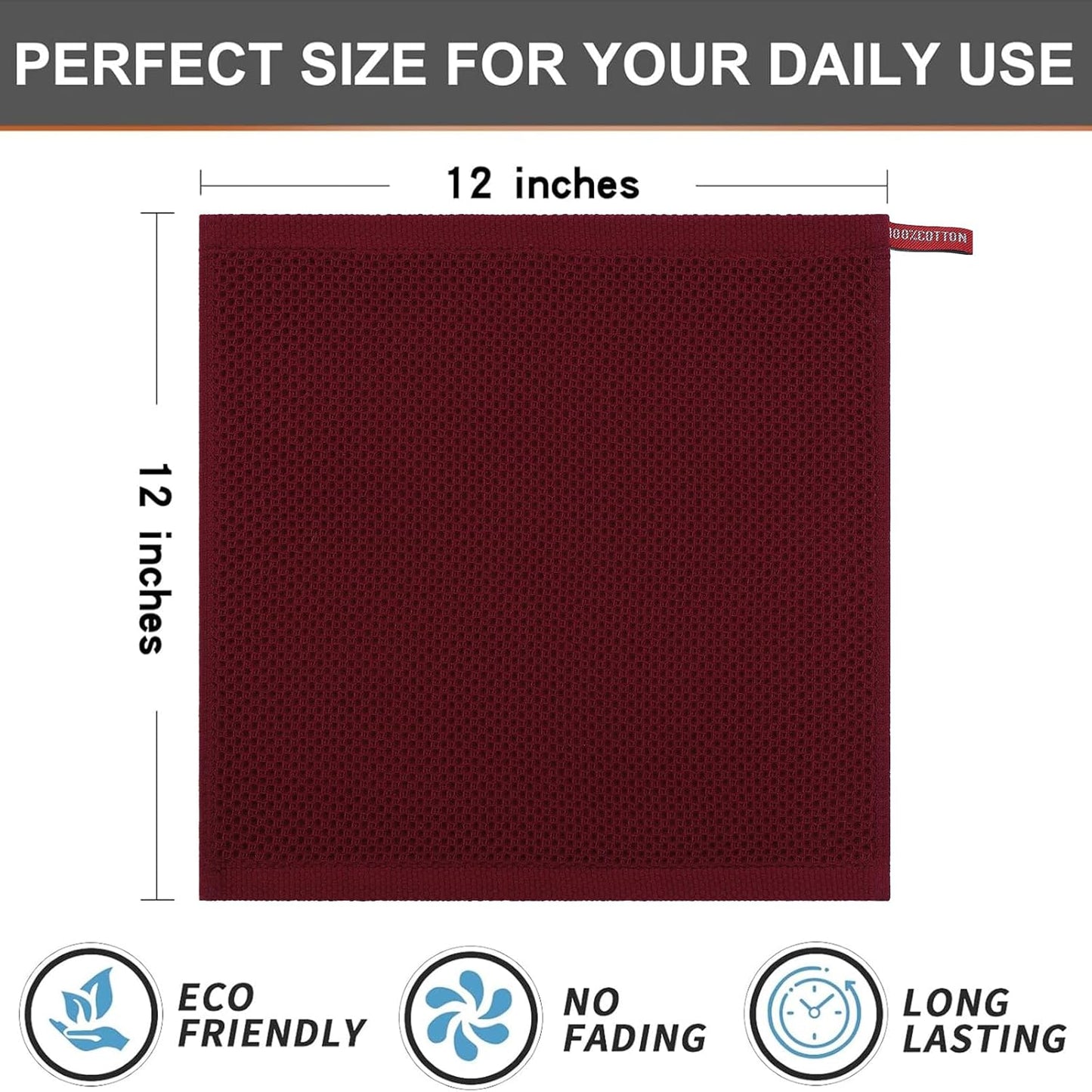 Kitinjoy 100% Cotton Kitchen Dish Cloths, 8 Pack Waffle Weave Ultra Soft Absorbent Dish Towels for Drying Dishes Quick Drying Kitchen Towels Dish Rags, 12 X 12 Inches, Burgundy