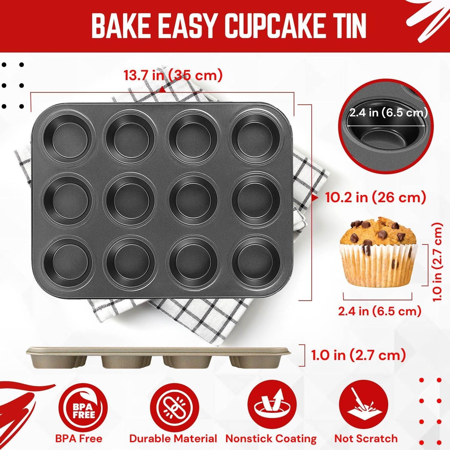 Flexzion Muffin Tray Cupcake Baking Pan 2 Pack, 12-Cup Nonstick Carbon Steel Muffin Tins Non-Stick Cupcake Tin Bakeware Accessories for Baking Cupcakes Muffin Brownies Snacks, Easy Clean, Fridge Safe