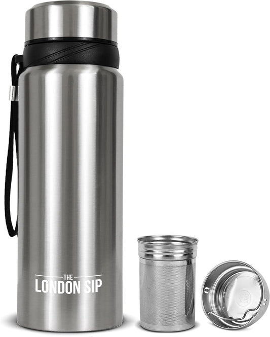 London Sip 25 oz Multi-Function Travel Mug and Tumbler Tea Infuser Water Bottle Fruit Infuser Flask Hot and Cold Double Wall Stainless Steel Coffee Thermos, Cosmic Silver
