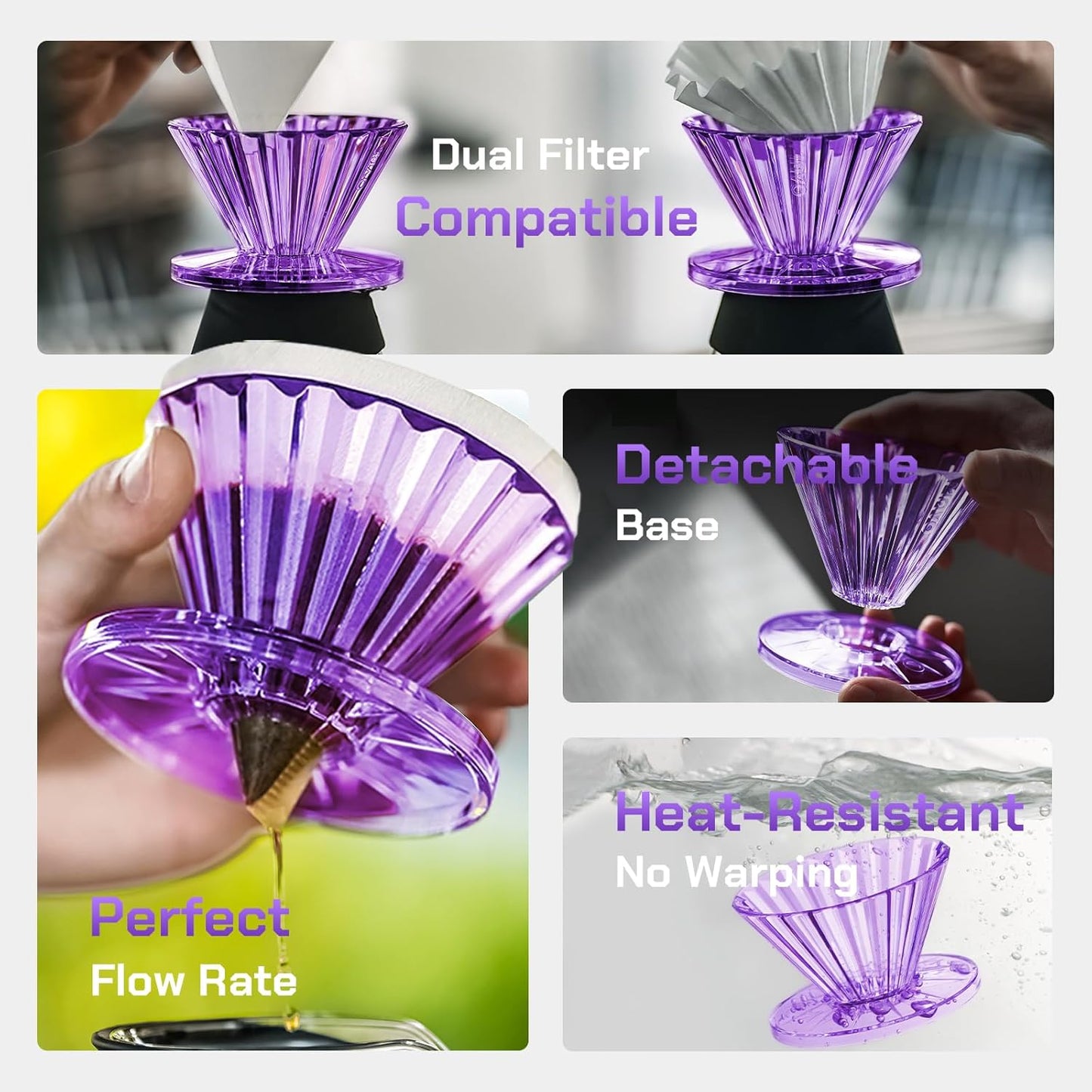 MAVO Pour Over Coffee Dripper, Detachable Hand Drip Brewer, Pour Over Coffee Maker, Compatible with V01 Paper Filters & Wave Filter 155, Purple