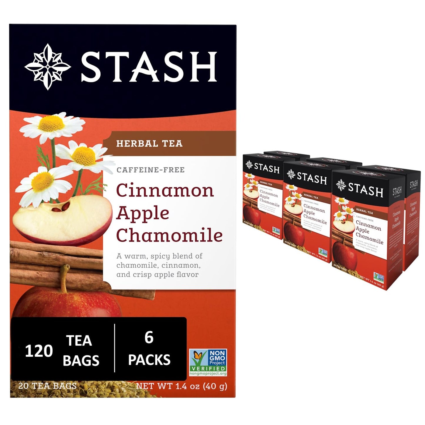 Stash Tea Cinnamon Apple Chamomile Herbal Tea - Naturally Caffeine Free, Non-GMO Project Verified Premium Tea with No Artificial Ingredients, 20 Count (Pack of 6) - 120 Bags Total