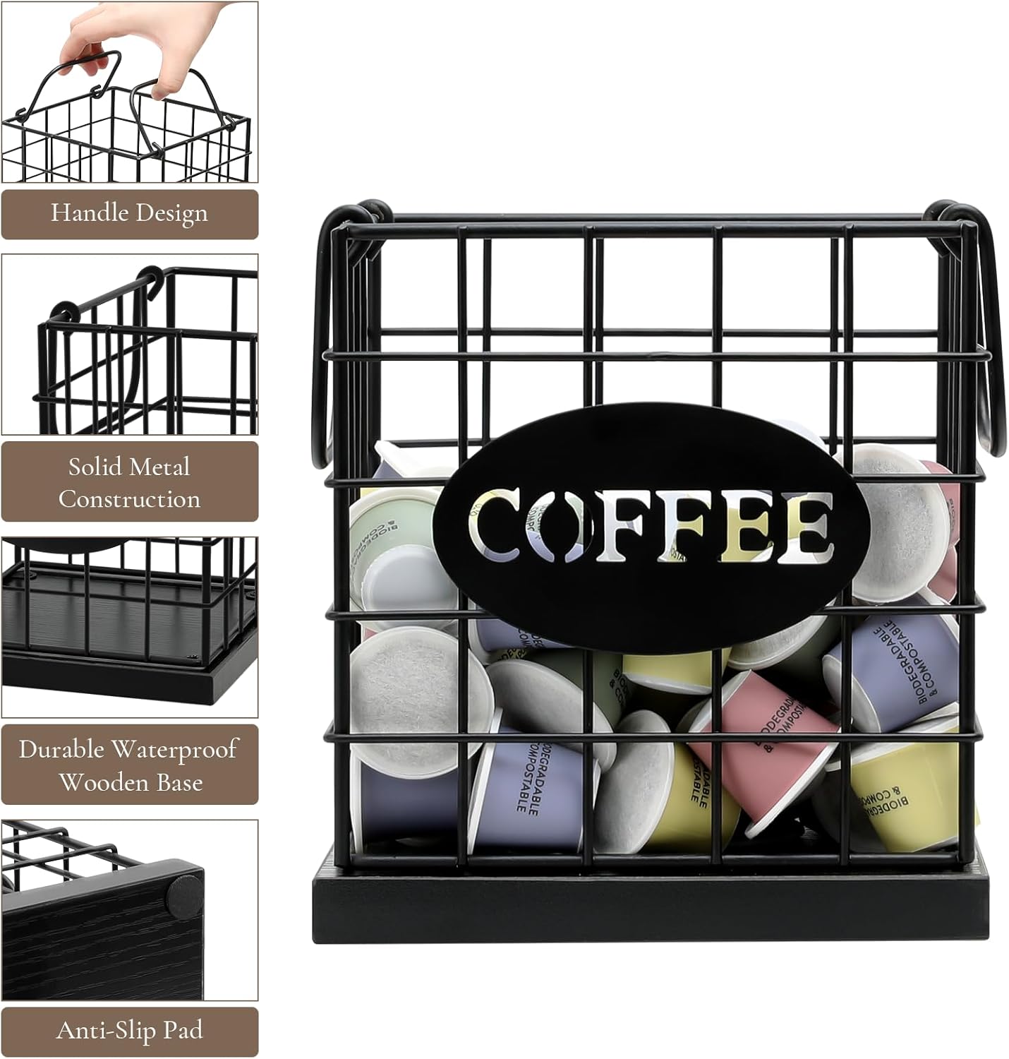Coffee Pod Holder Organizer,Large Capacity K Cup Holder Organizer, Storage Basket for Kitchen Countertop Office Coffee Bar with Wooden Base(Rustic Black-Square)