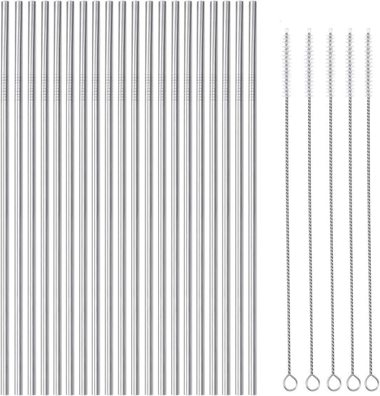 25 Piece Set Stainless Steel Straws Ultra Long 10.5 Inch Drinking Metal Straws Reusable Drinking Straws for 20 30 OZ (20 Straight| 5 Brushes)