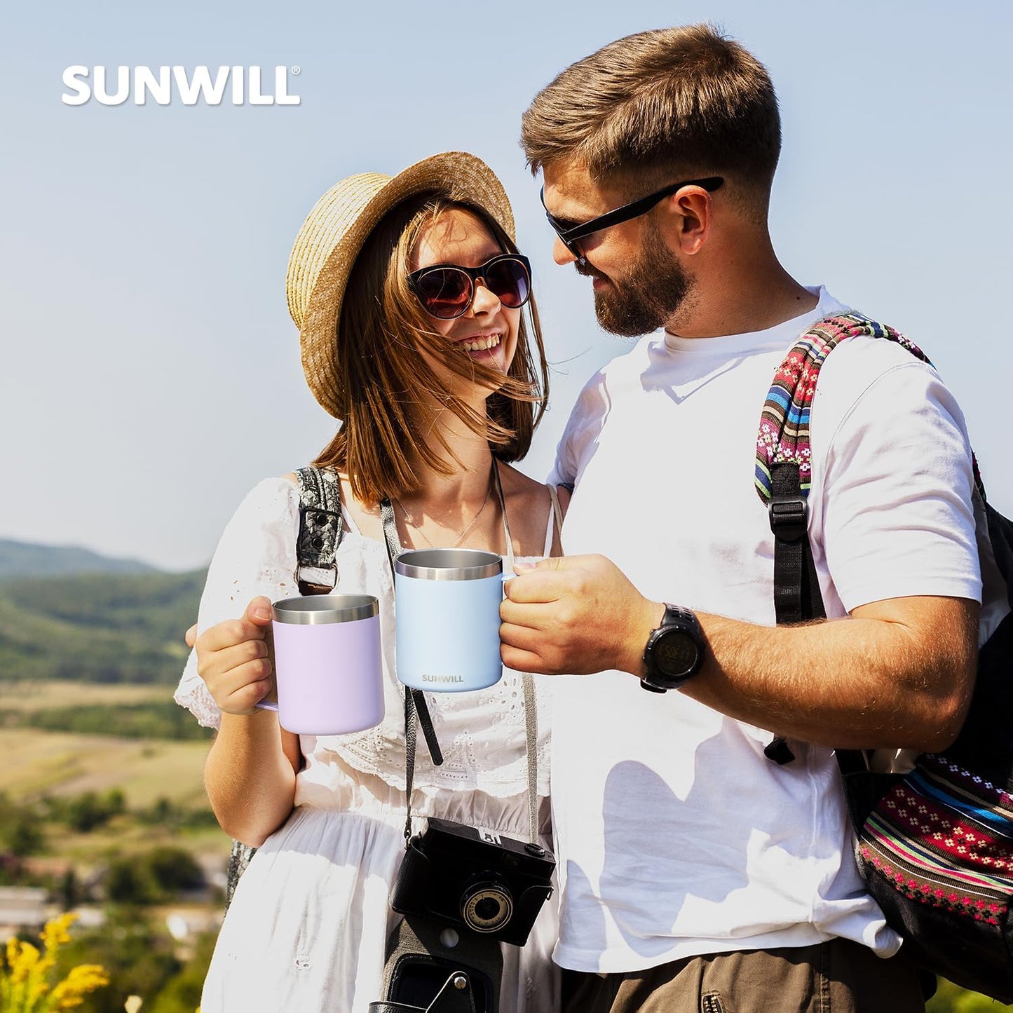 SUNWILL Travel Coffee Mugs Set of 4, Insulated Tumbler with Lid, 14 oz Stainless Steel Cup with Handle Bulk for Gift, Camping, Office, Powder Coated Orchid, Iceberg, Mint, Sakura