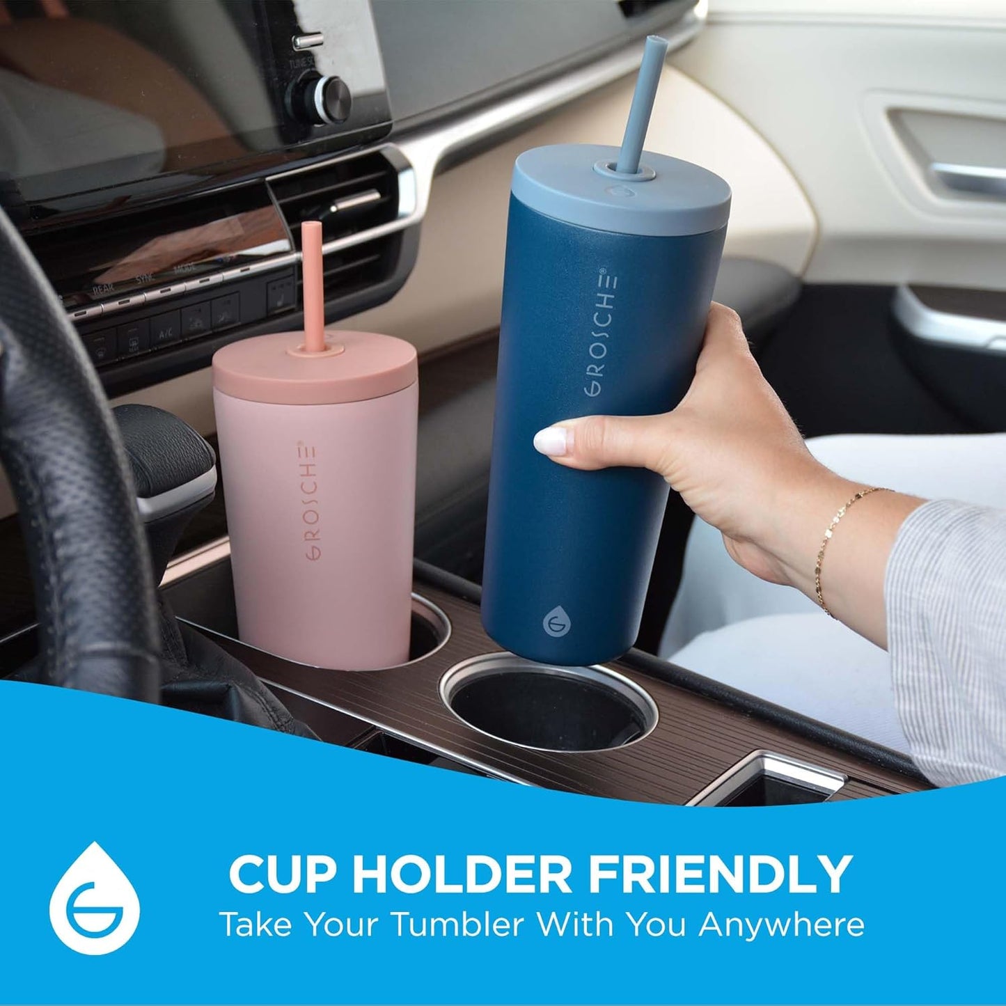 GROSCHE Jasper Insulated Stainless Steel Tumbler With Straw – Travel Cup with Lid, Extreme Insulation & Sleek Design, 23 oz - Grey