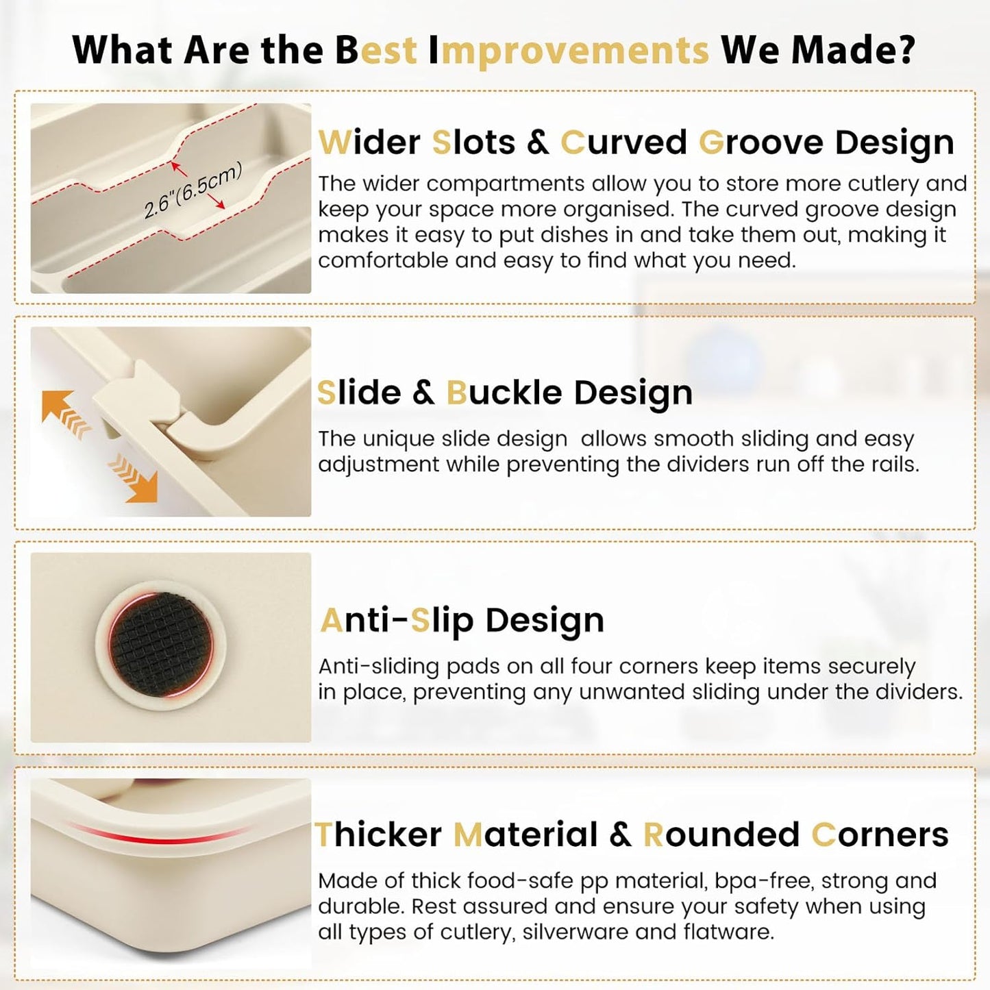 Caperci Large Silverware Organizer for Kitchen Drawer & Utensils - Expandable Drawer Organizer for Cutlery, Flatware & Gadget, BPA-Free Thick Plastic, Wider Compartments & Non-skid Feet (Tofu)