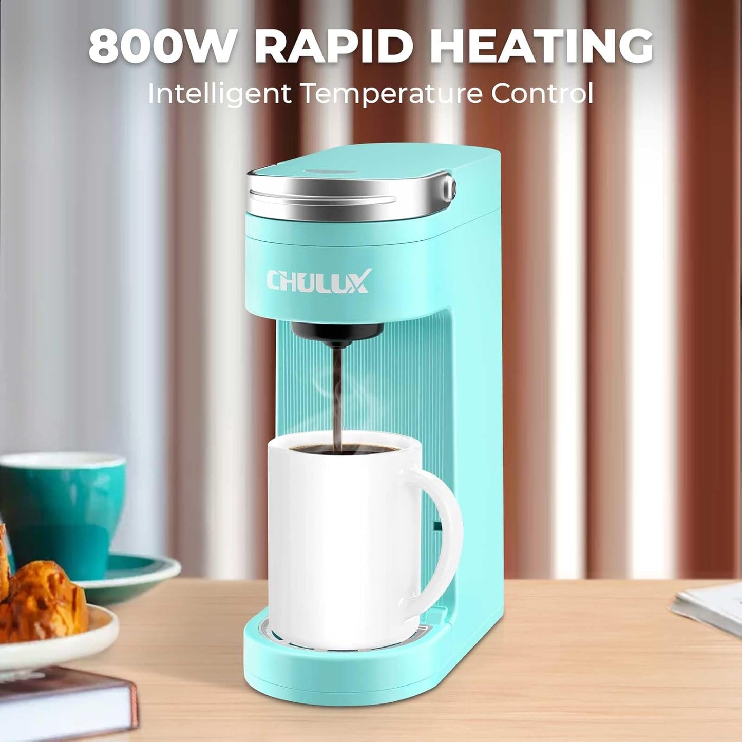 CHULUX Slim Single Serve Coffee Maker for K Cup, Mini Travel One Cup Coffee Machine for Home, Desk, Kitchen and Bedroom, Fits Travel Mug, Cyan