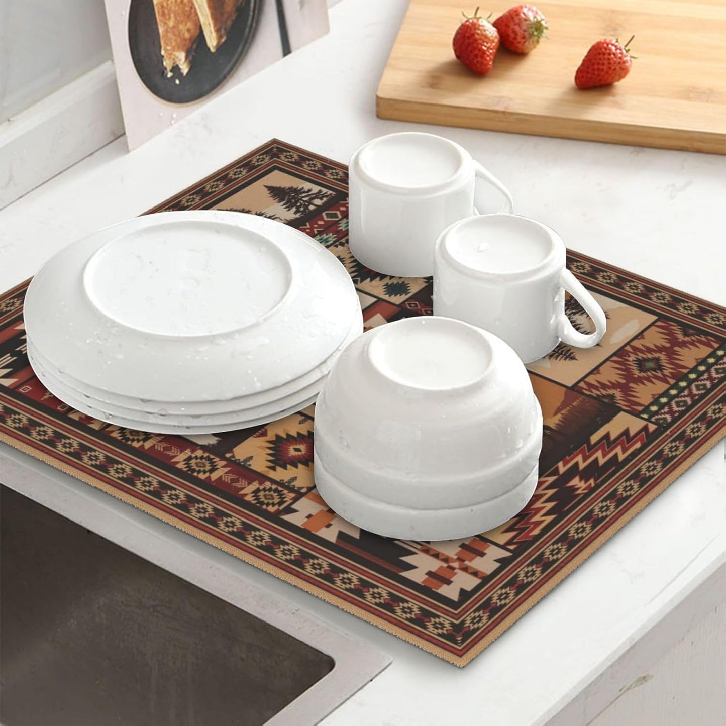 Western Wildlife Geometric Dish Drying Mat for Kitchen Counter, 16" x 18" Absorbent Microfiber Foldable Drying Pad for Dishes, Absorption, Washable, Decorative Rustic Kitchen Mat for Sink, Home Decor