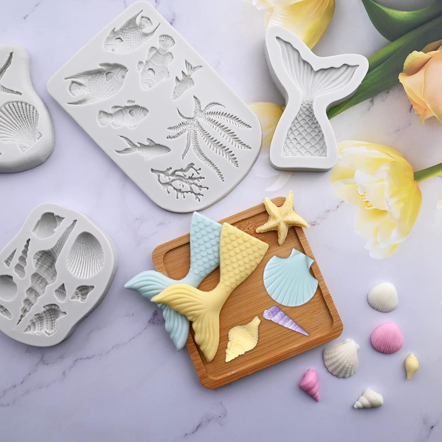 Sakolla Marine Theme Fondant Molds, 4 PCS Mermaid Tail Seashell Conch Starfish Baking Silicone Molds for Cake Decoration Chocolate Soap Crafting