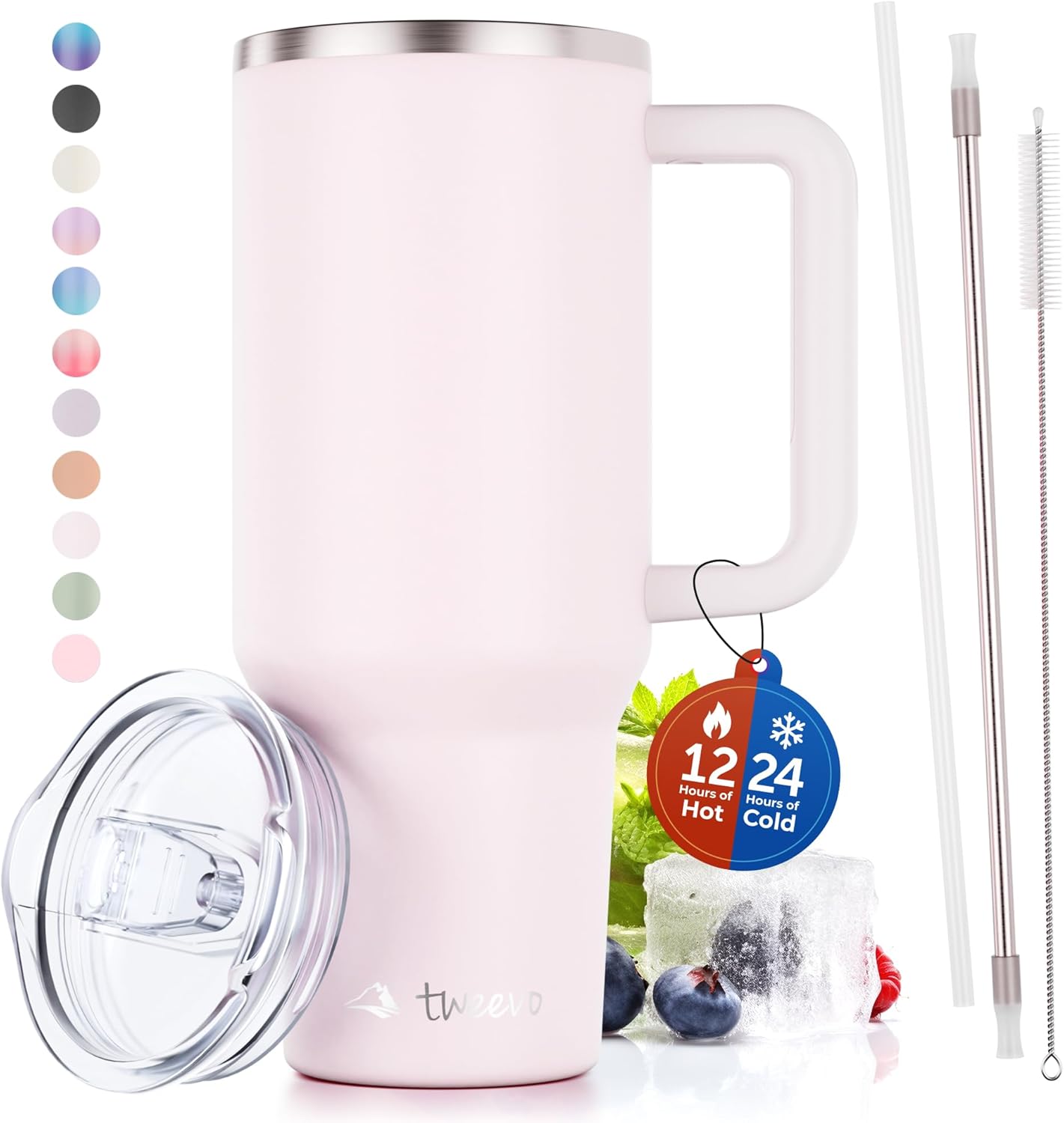 40 oz Tumbler With Handle and Straw Made of Stainless Steel - Double Wall Vacuum Insulated Tumbler With Lid - Sweat Proof Easy Grip, BPA-Free, Dishwasher Safe Tumbler (Rose Quartz)