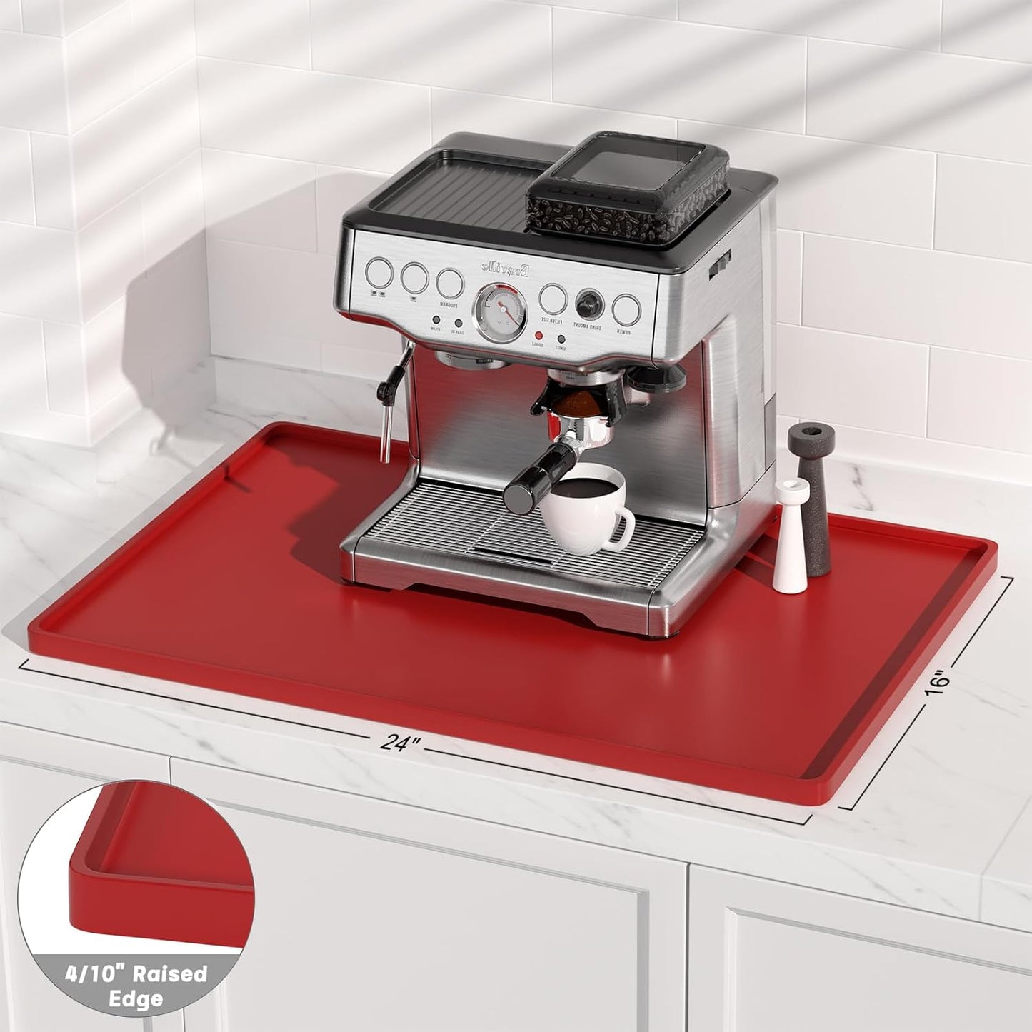 Rnivvi Silicone Coffee Mat, 16" x 24" Waterproof Raised Edge Coffee Bar Mats for Espresso Machine Station Accessories, Heat Resistant Dish Drying Pad for Kitchen Counter, Rubber Bar Decor Pad, Red