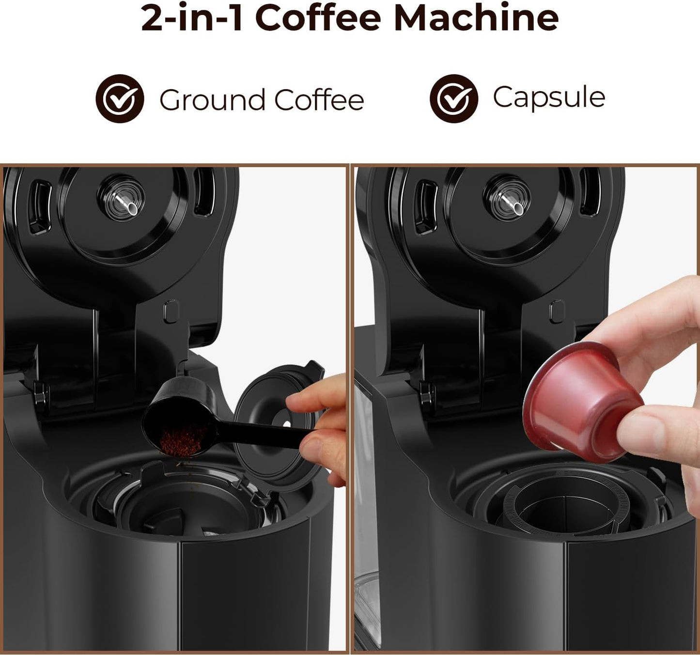 Single Serve Coffee Maker K Cup 2 in 1 Coffee Machine with Ground Coffee & Pods Coffee, 6 to 14 Oz Brew Sizes,Mini One Cup Drip Coffee Maker with Auto Cleaning & Shut Off, Black