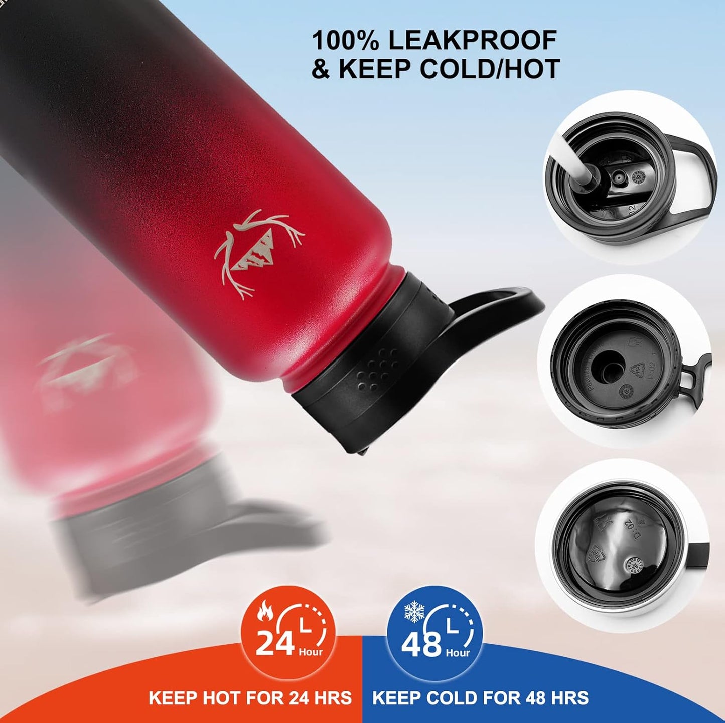 NATURE PIONEOR Insulated Water Bottles with Straw - 32oz Stainless Steel Vacuum Bottle with Holder/Carrier/Sleeve - Reusable 18/8 Food Grade 32 oz Water Jug