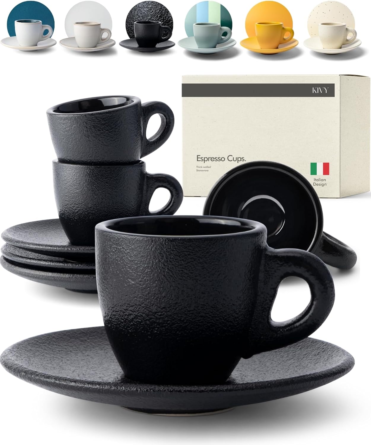 KIVY 3 oz Espresso cups set of 4 - Thick walled stoneware espresso cup set - Italian style cups and saucers - Demitasse cups set of 4 - Espresso mugs black - Coffee shot cups & saucers