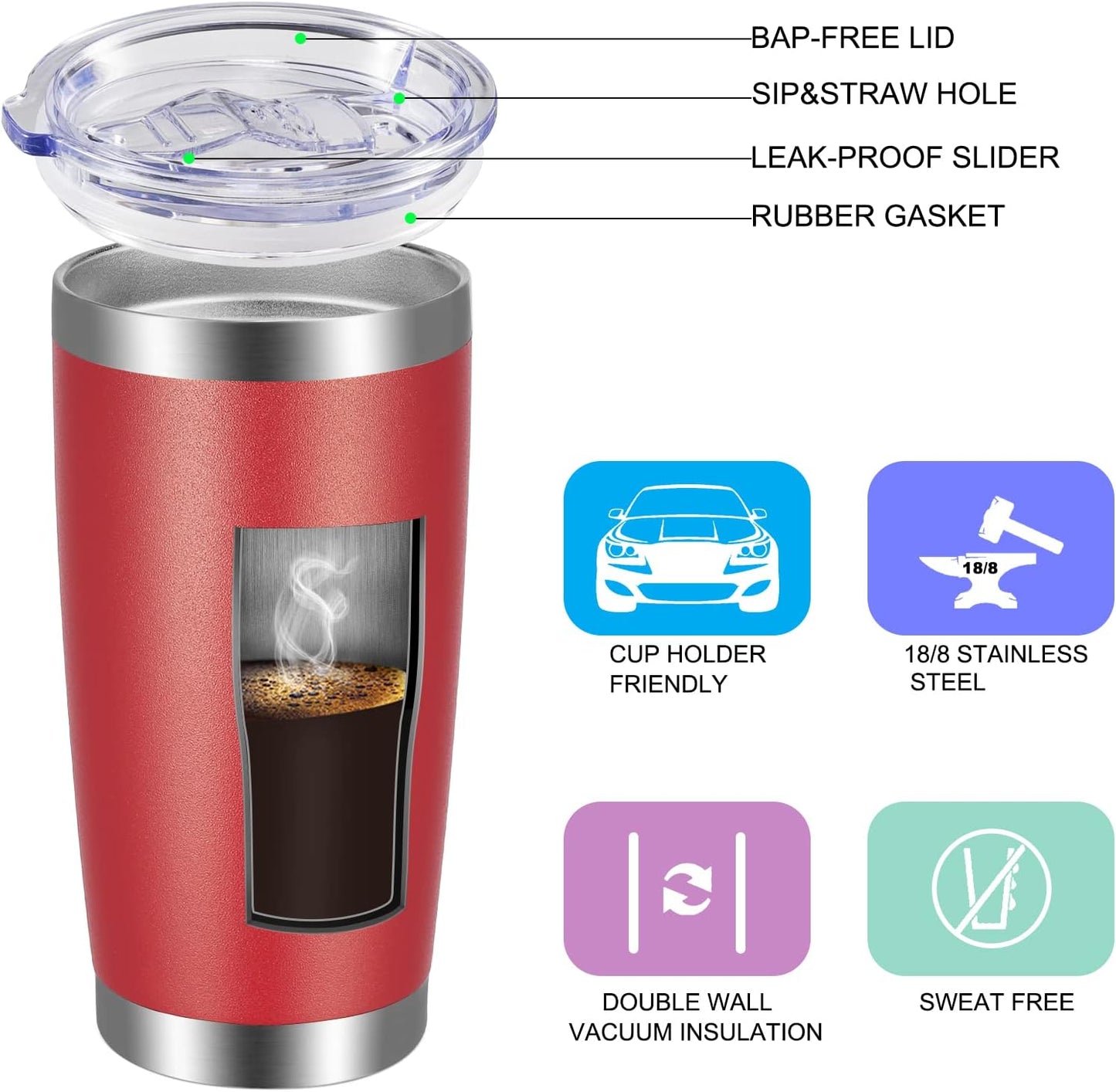 VEGOND 20oz Tumbler with Lid and Straw Stainless Steel Tumbler Cup Bulk Vacuum Insulated Double Wall Travel Coffee Mug Powder Coated Coffee Cup(Powder Red 6 Pack