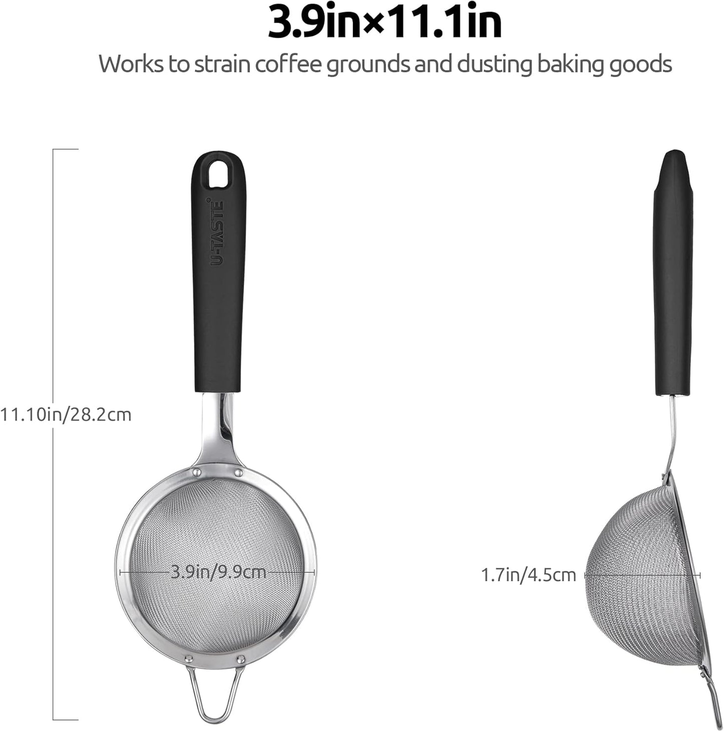18/8 Stainless Steel Mesh Strainer: U-Taste 3.9 Inch Kitchen Fine Mesh Sieve Food Colander with Riveted Sturdy Silicone Handle and 30 Mesh Hole for Straining Flour, Quinoa, Tea, Juice (Black)